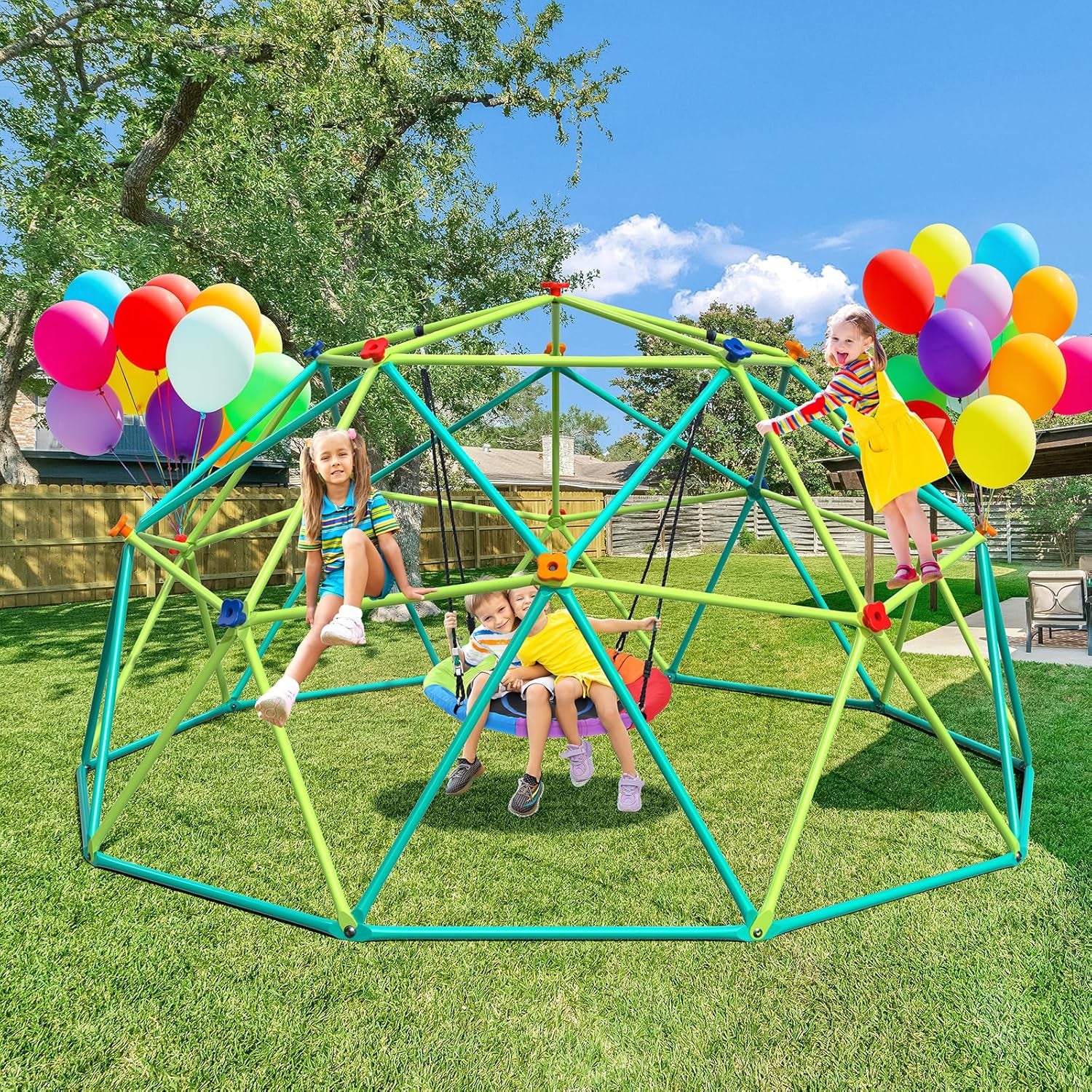 10 Ft Climbing Dome Swing Set with Saucer Swing, Supports 800Lbs, Easy Asssembly, Rust-Resistant Outdoor Playset