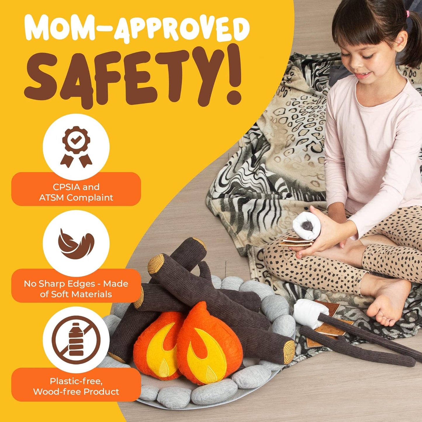 Pretend Campfire Set for Kids with S'Mores Kit & Wood Log Pillow