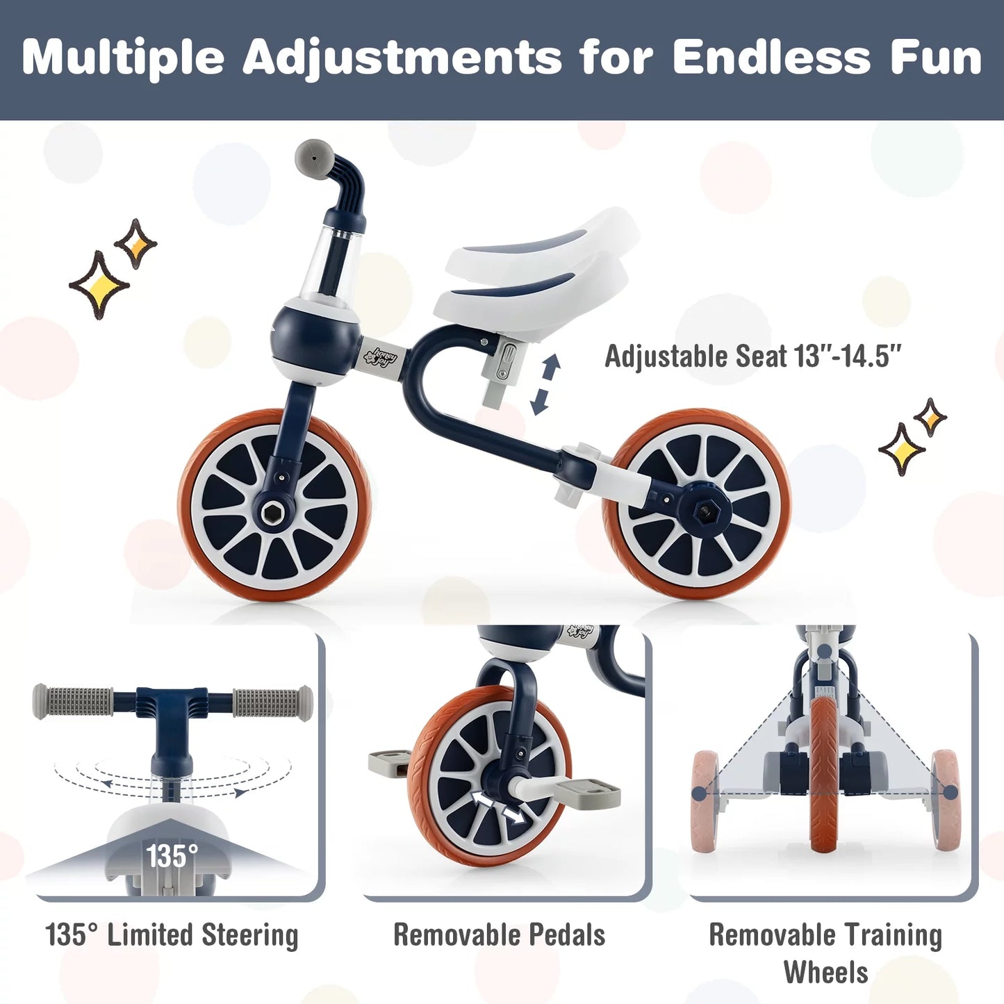 4 in 1 Kids Tricycles W/ Push Handle & Training Wheels Baby Balance Bike Navy