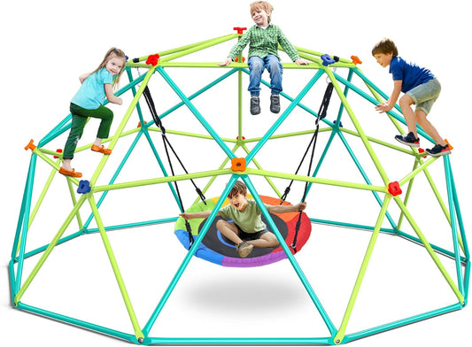 10 Ft Climbing Dome Swing Set with Saucer Swing, Supports 800Lbs, Easy Asssembly, Rust-Resistant Outdoor Playset