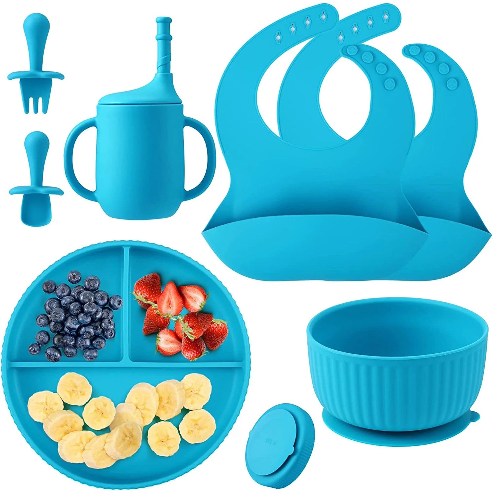 Soft Silicone Baby Feeding Set, Baby Led Weaning Set Infant Self Eating Utensil Set 7Pcs Gray Blue