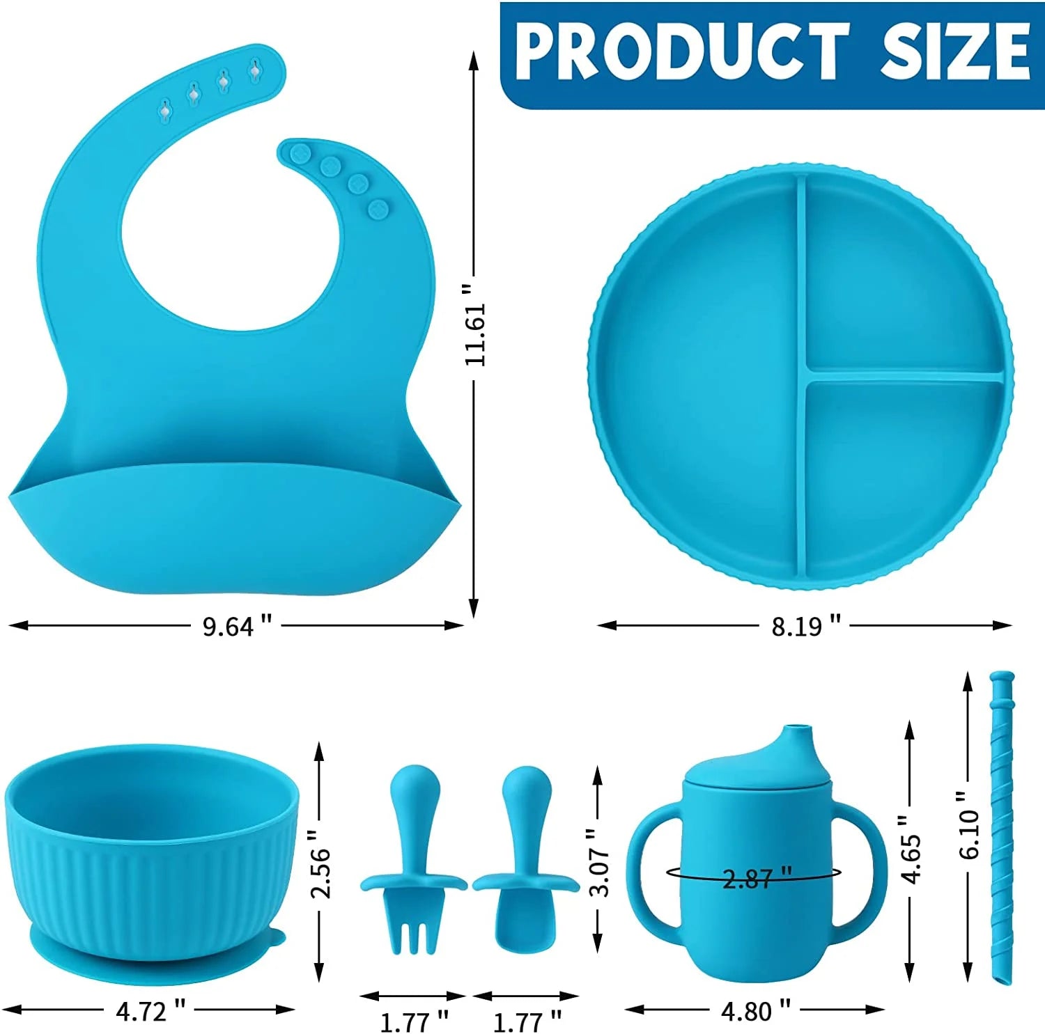 Soft Silicone Baby Feeding Set, Baby Led Weaning Set Infant Self Eating Utensil Set 7Pcs Gray Blue