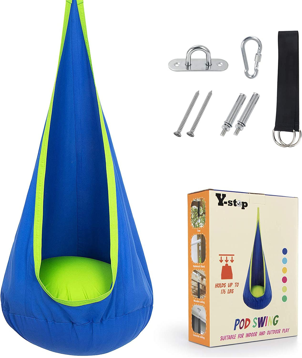 Kids Pod Swing Seat, Hanging Hammock Chair with Inflatable Pillow, Sensory Swing Chair with Pocket for Outdoor and Indoor, Max 176Lbs (Blue and Green)