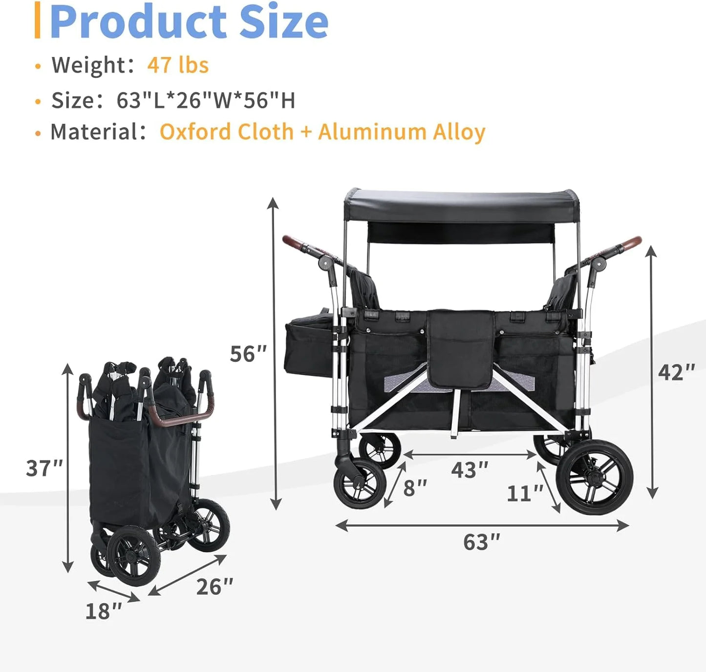 Stroller Wagon for 4 Kids,  Wagon Cart Featuring 4 High Seat with 5-Point Harnesses and Adjustable Canopy, Foldable Double Push Bar Wagon Stroller for Garden, Stroller, Camping (Black)