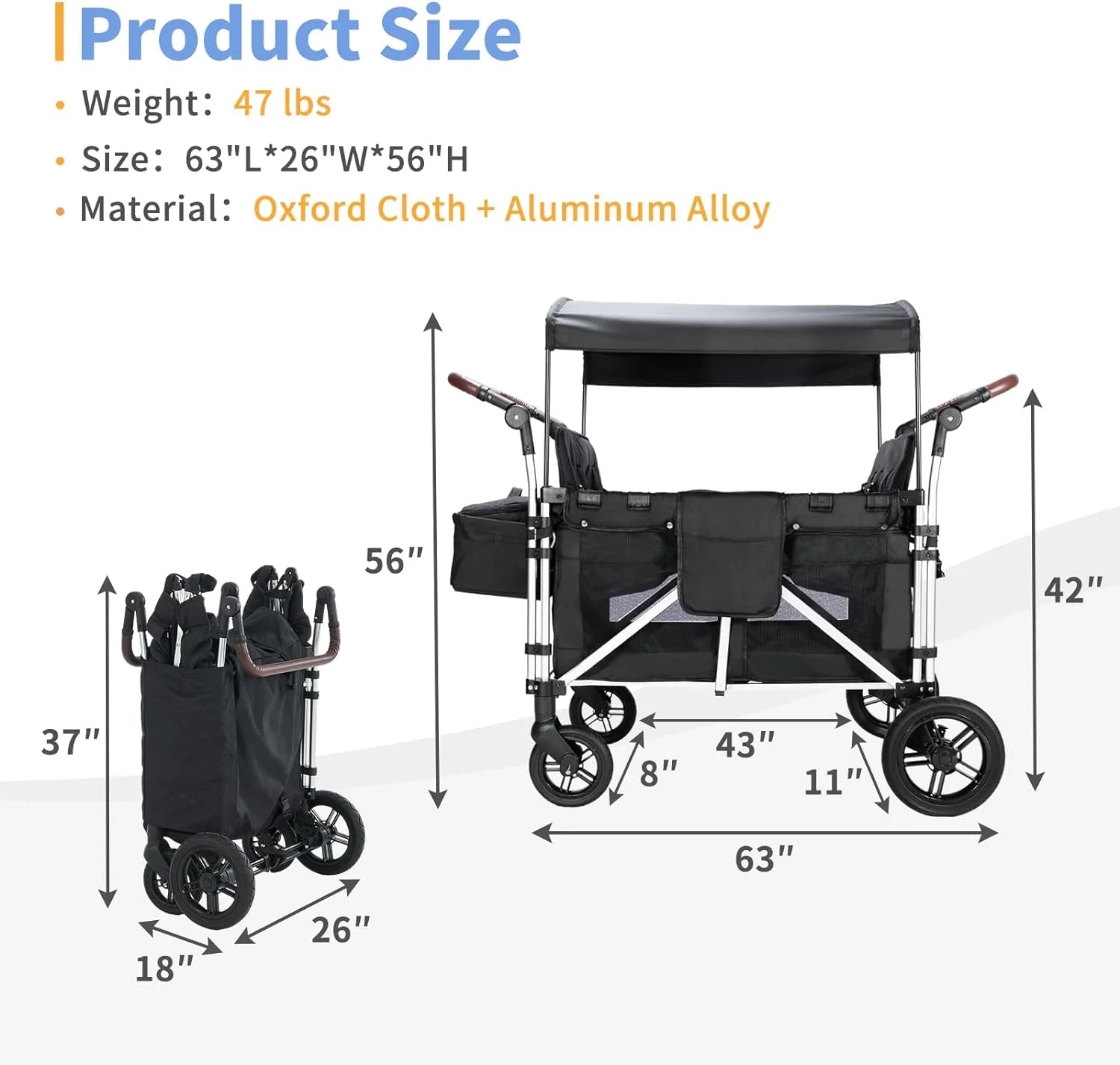 Stroller Wagon for 4 Kids,  Wagon Cart Featuring 4 High Seat with 5-Point Harnesses and Adjustable Canopy, Foldable Double Push Bar Wagon Stroller for Garden, Stroller, Camping (Black)