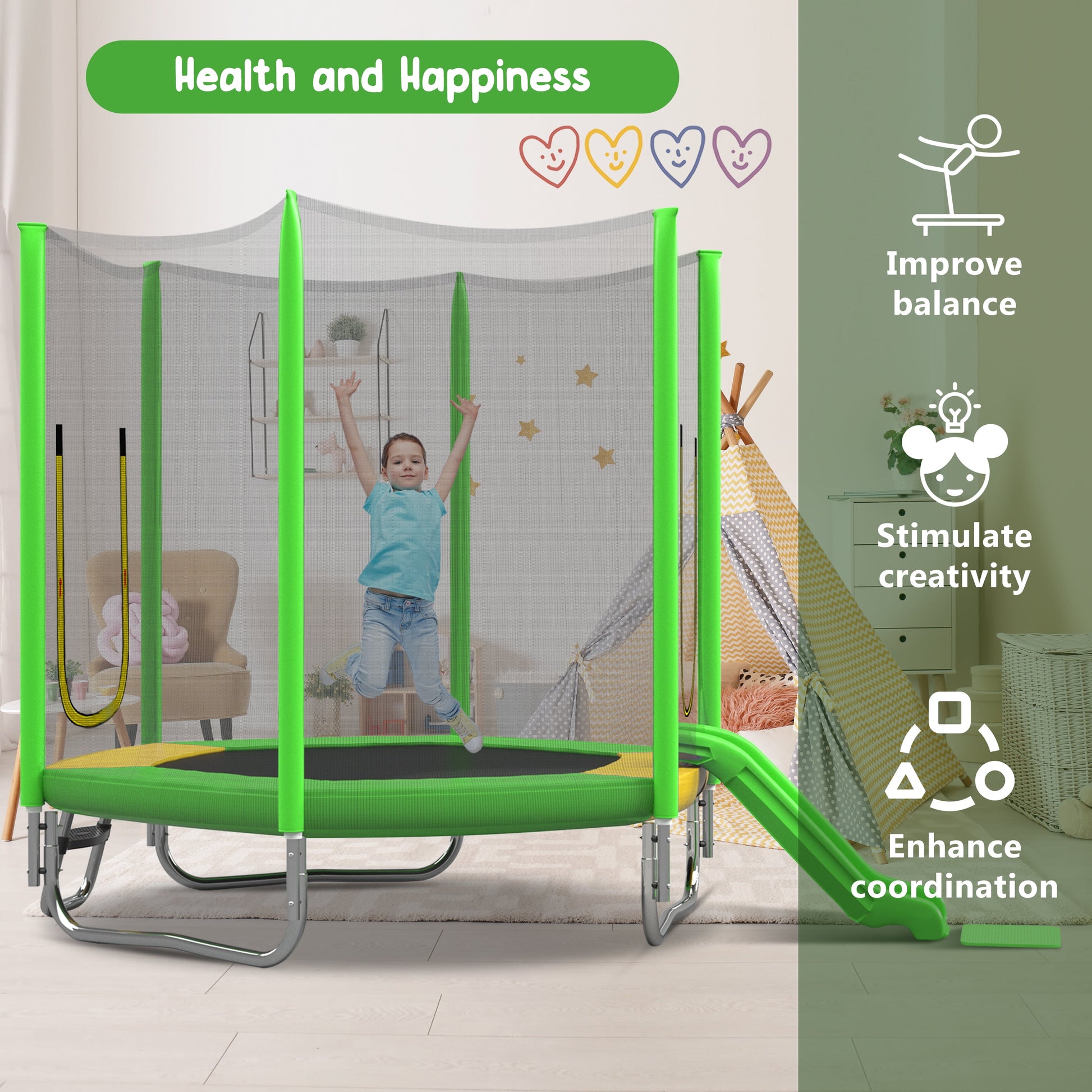 7FT Kids Trampoline with Safety Enclosure Net, Indoor Outdoor Trampoline with Slide,Ladder,Spring Pad,All-Weather Trampolines