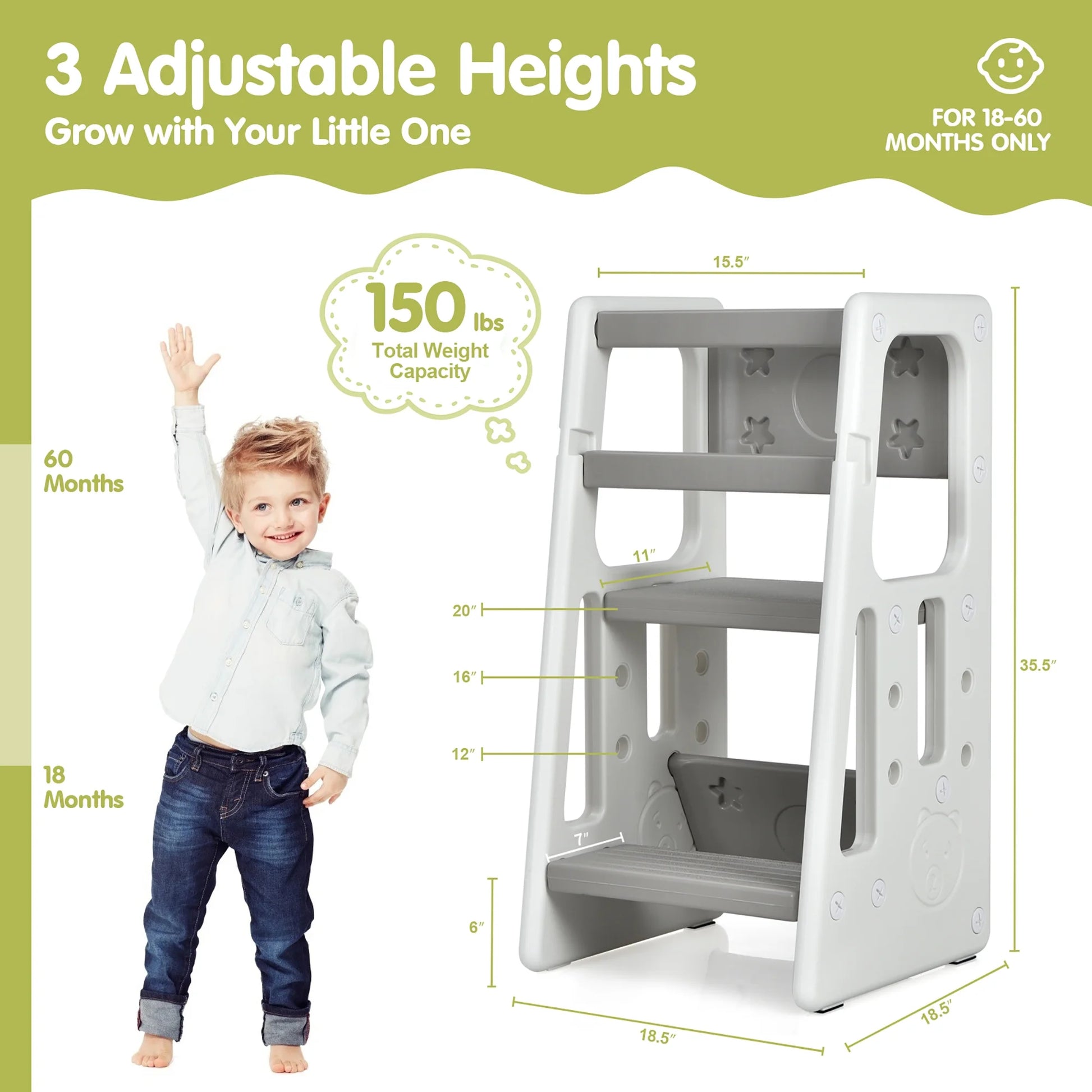 Kids Kitchen Step Stool with Double Safety Rails Toddler Learning Stool Gray