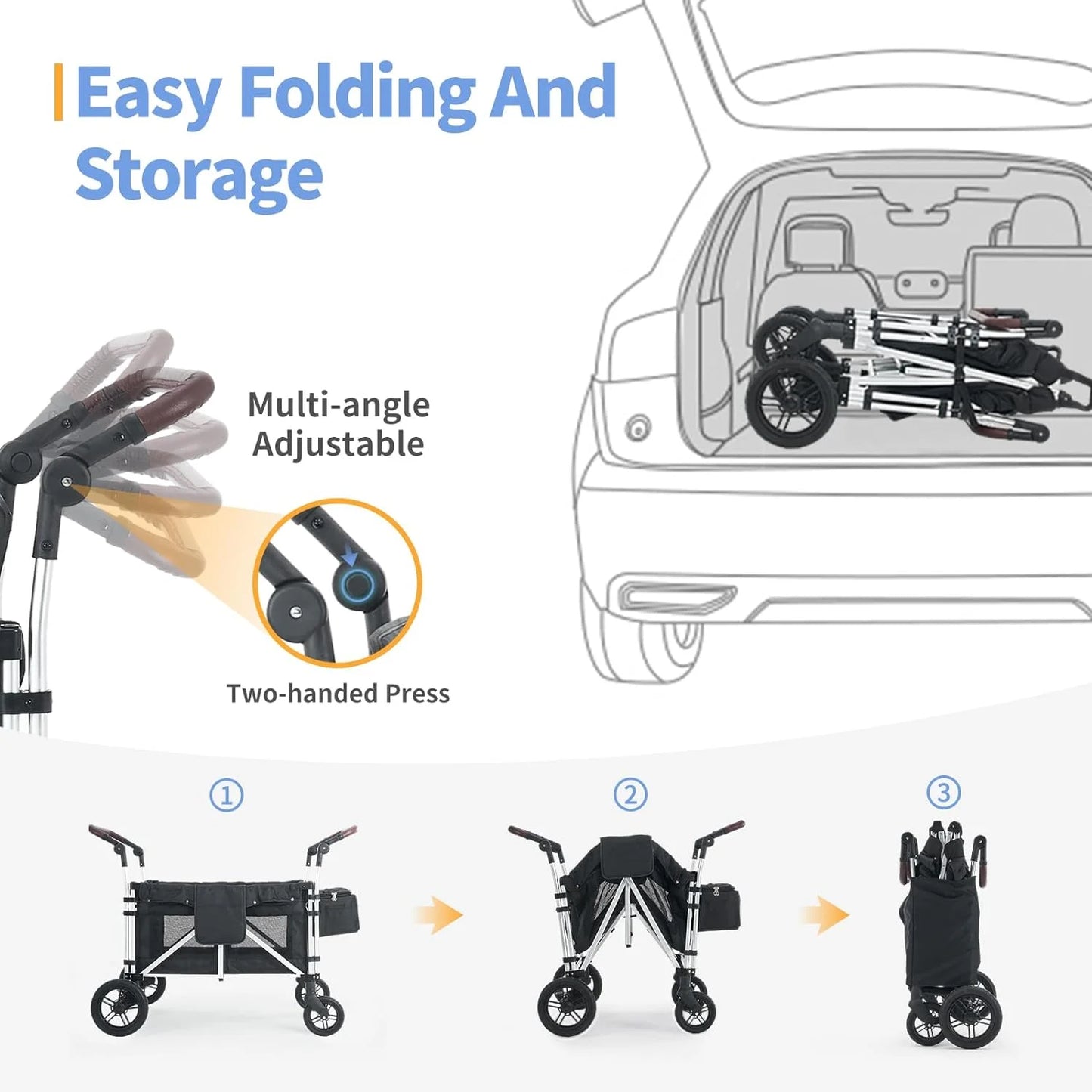 Stroller Wagon for 4 Kids,  Wagon Cart Featuring 4 High Seat with 5-Point Harnesses and Adjustable Canopy, Foldable Double Push Bar Wagon Stroller for Garden, Stroller, Camping (Black)
