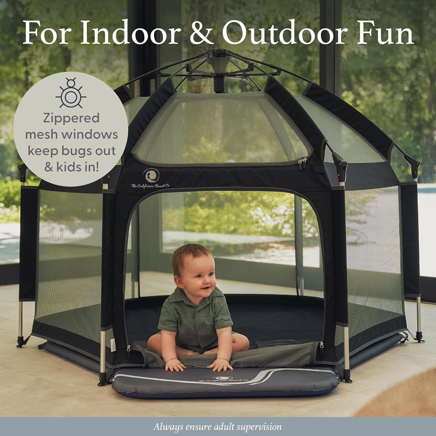 POP 'N GO Premium Outdoor Baby Playpen with Self-Inflating Playmat (Charcoal Black)