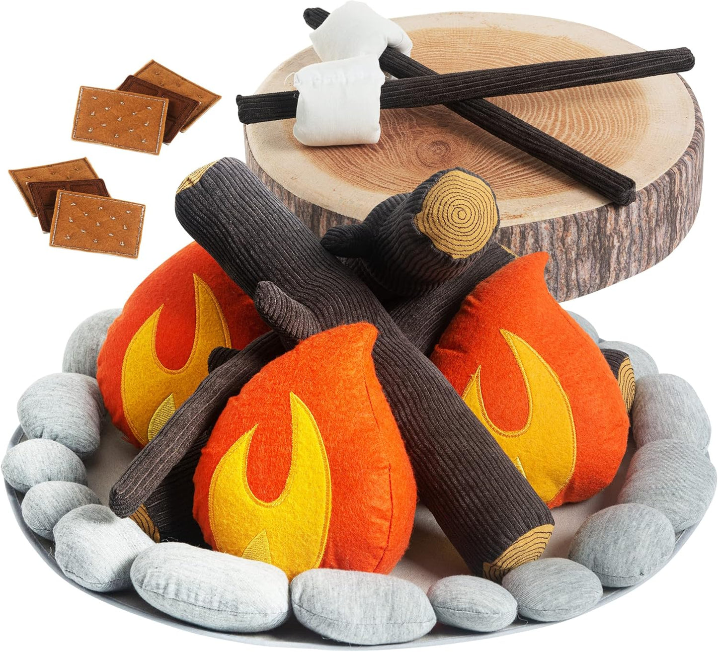 Pretend Campfire Set for Kids with S'Mores Kit & Wood Log Pillow
