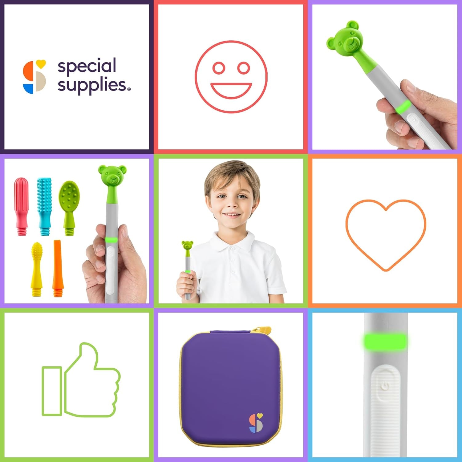 Buzz Buddy Oral Motor Stimulation Kit with 6 Soft Textured Interchangeable Heads, Calm Sensory Needs, Support Speech, and Stimulate Self Feeding, Gentle Vibrations (Grey)