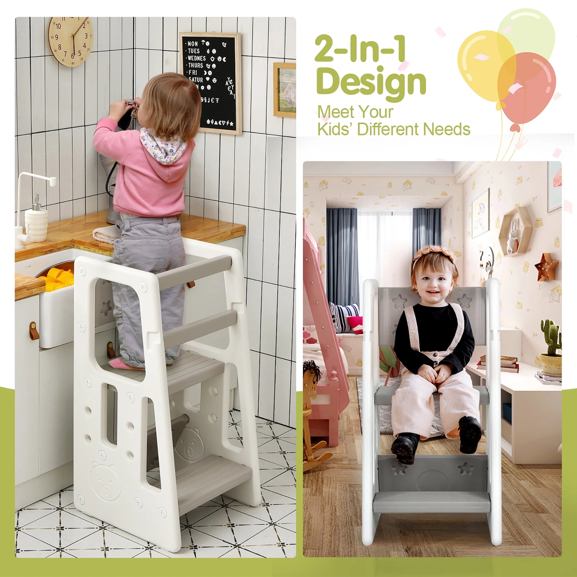 Kids Kitchen Step Stool with Double Safety Rails Toddler Learning Stool Gray