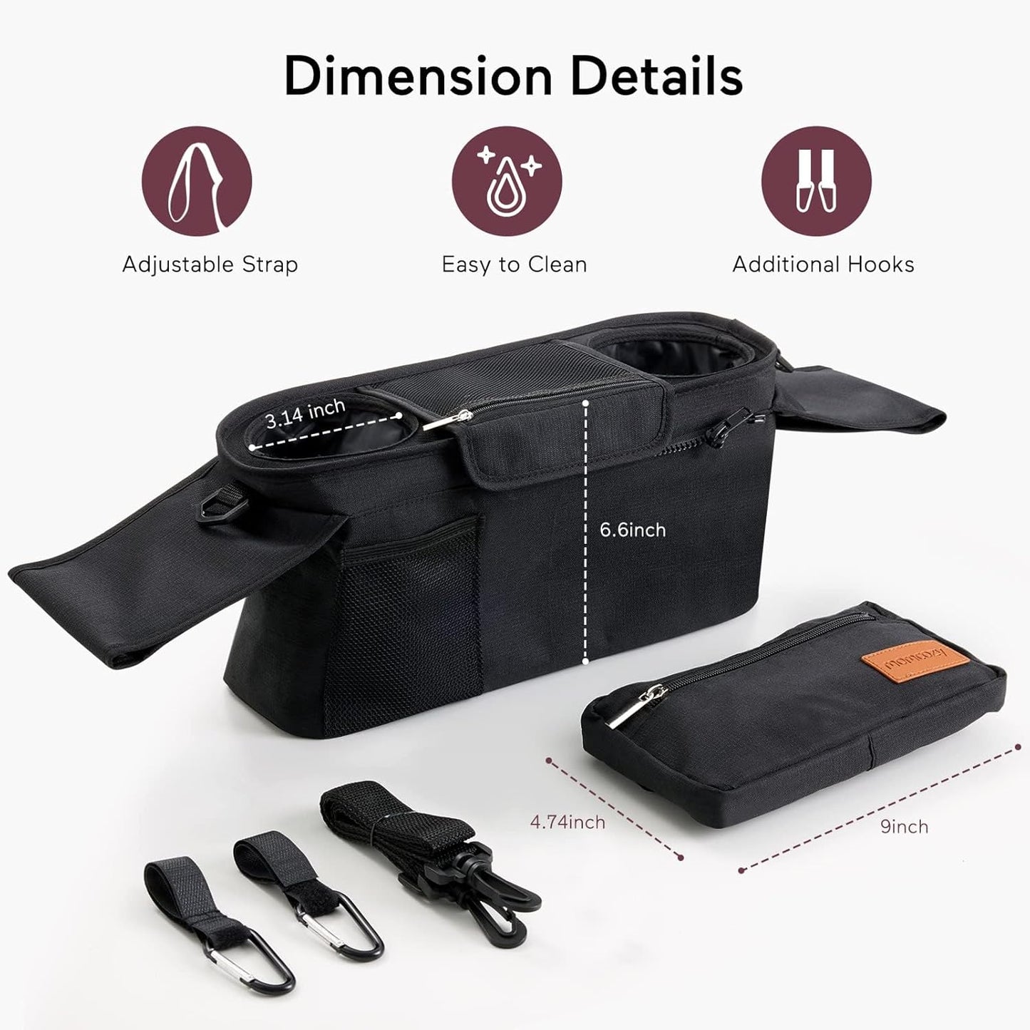 Universal Stroller Organizer with Insulated Cup Holder Detachable Phone Bag & Shoulder Strap