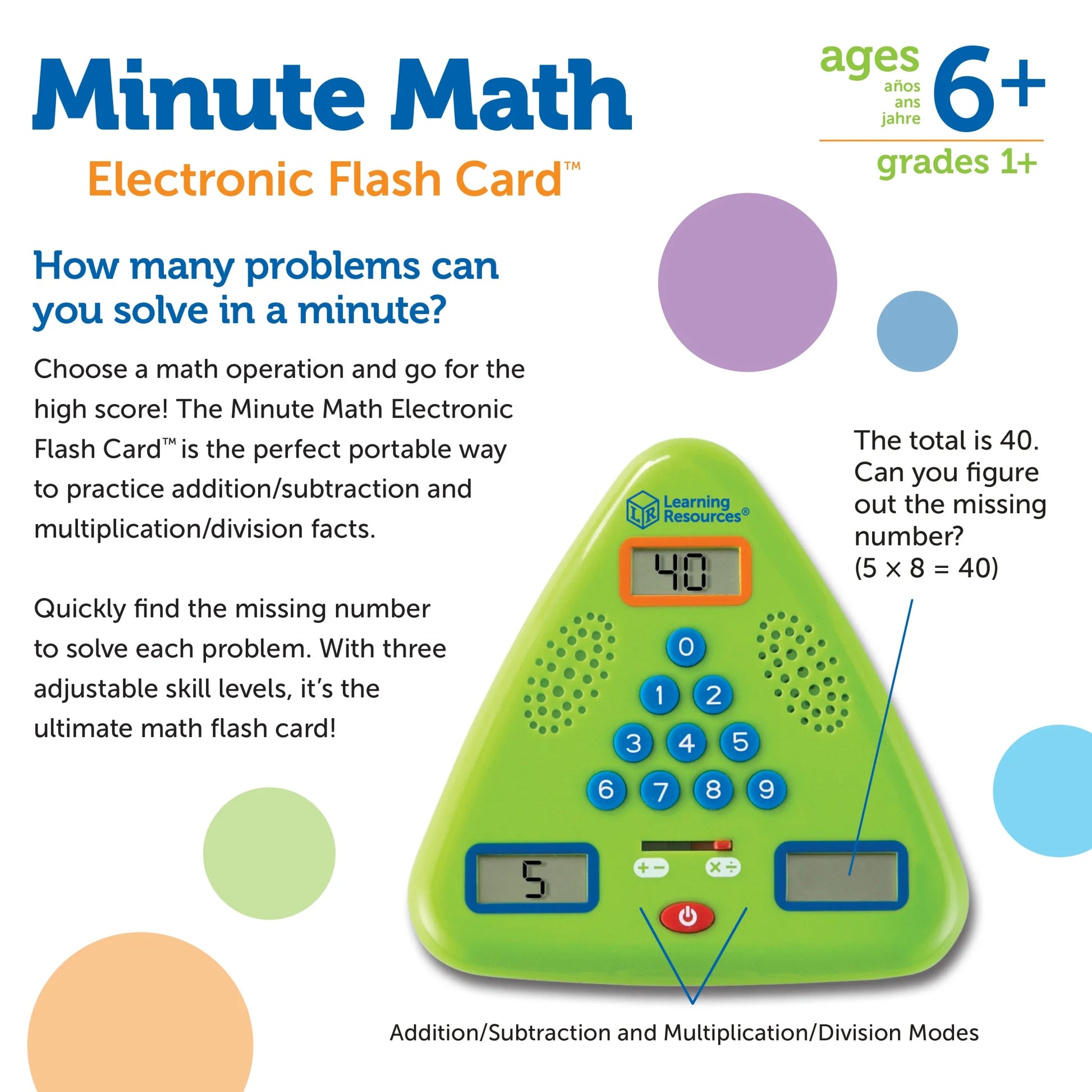 Minute Math Electronic Flash Card™, Math Games, Homeschool, Early Algebra Skills, for Kids Girls Boys, Ages 6, 7, 8+