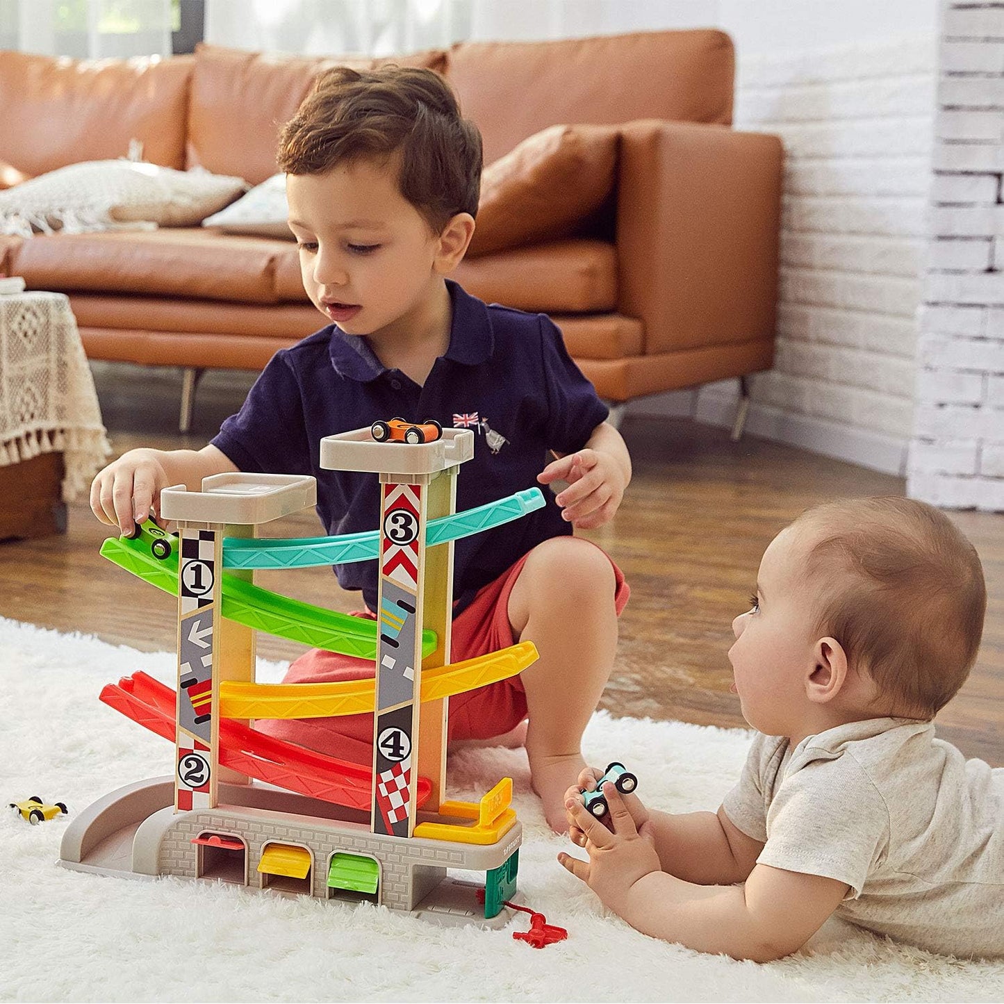 Toddler Race Track Car Ramp Toy with 4 Wooden Cars and 3 Car Garage