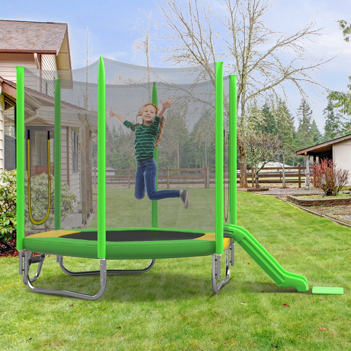 7FT Kids Trampoline with Safety Enclosure Net, Indoor Outdoor Trampoline with Slide,Ladder,Spring Pad,All-Weather Trampolines