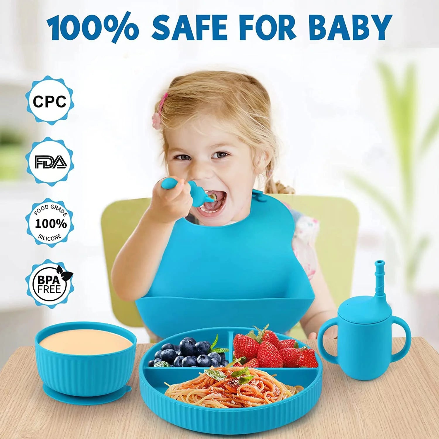 Soft Silicone Baby Feeding Set, Baby Led Weaning Set Infant Self Eating Utensil Set 7Pcs Gray Blue