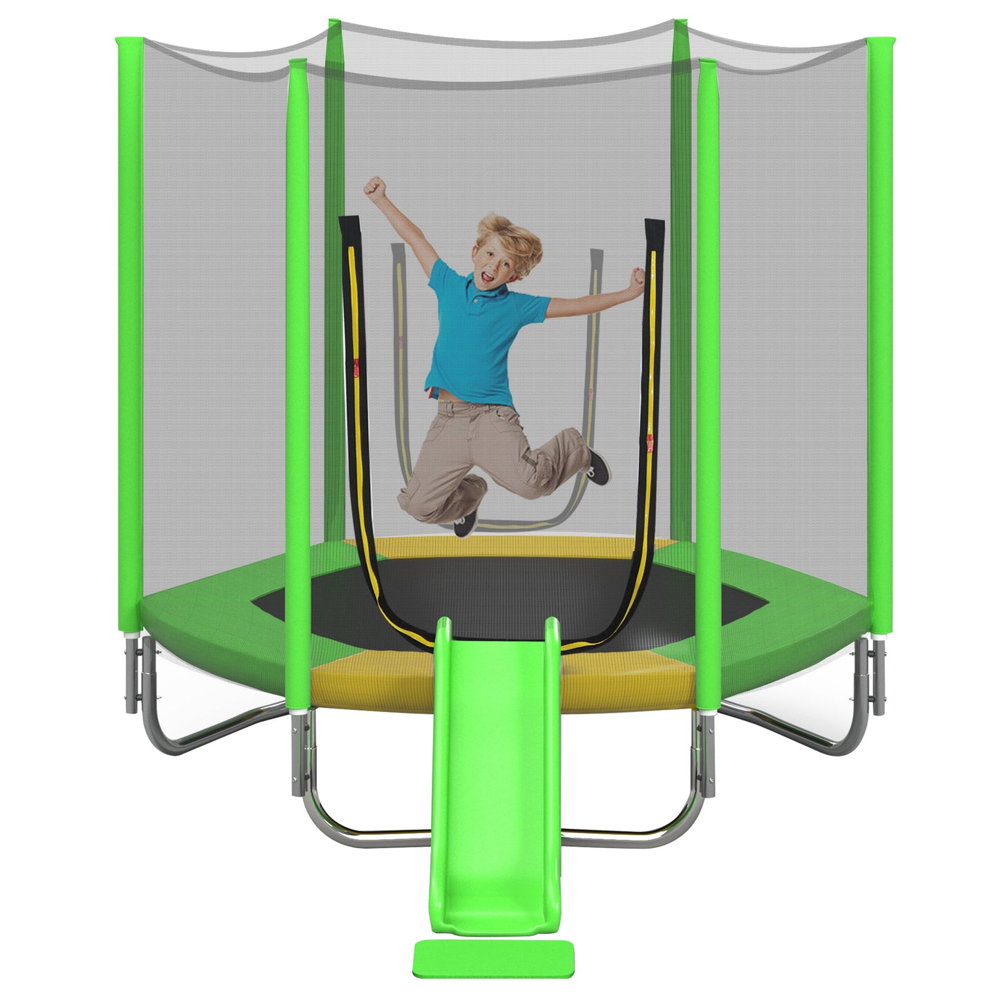 7FT Kids Trampoline with Safety Enclosure Net, Indoor Outdoor Trampoline with Slide,Ladder,Spring Pad,All-Weather Trampolines