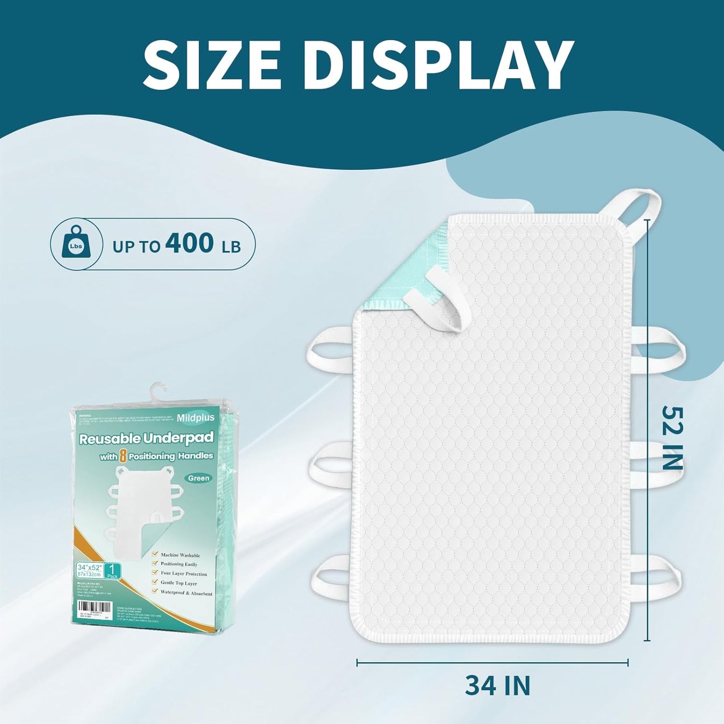 Washable Bed Pads with 8 Sturdy Handles 34”×52” Extra Large Reusable Underpads 4-Layers Leakproof Chucks Pads Washable for Incontinence (1 Pack; Green)