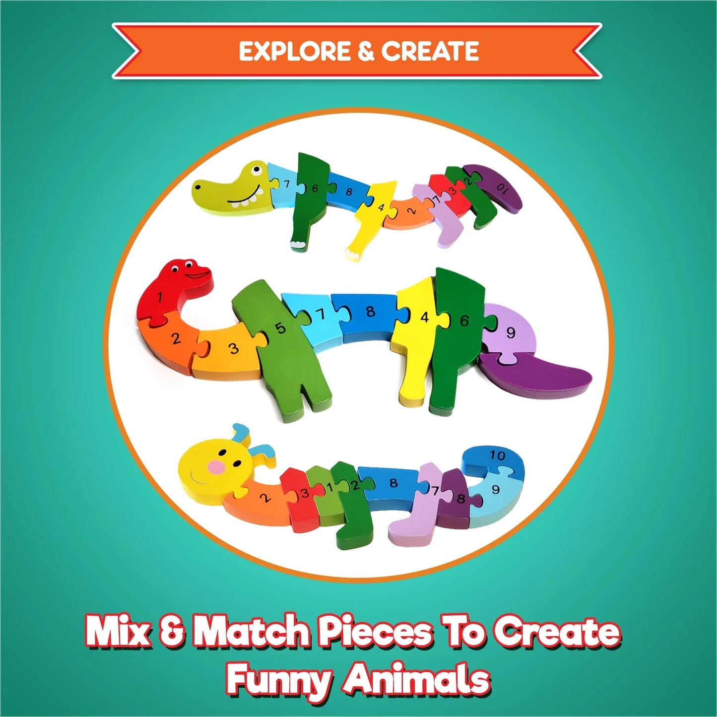 3 Wooden Animal Puzzles - Colors and Counting Rainbow Toy