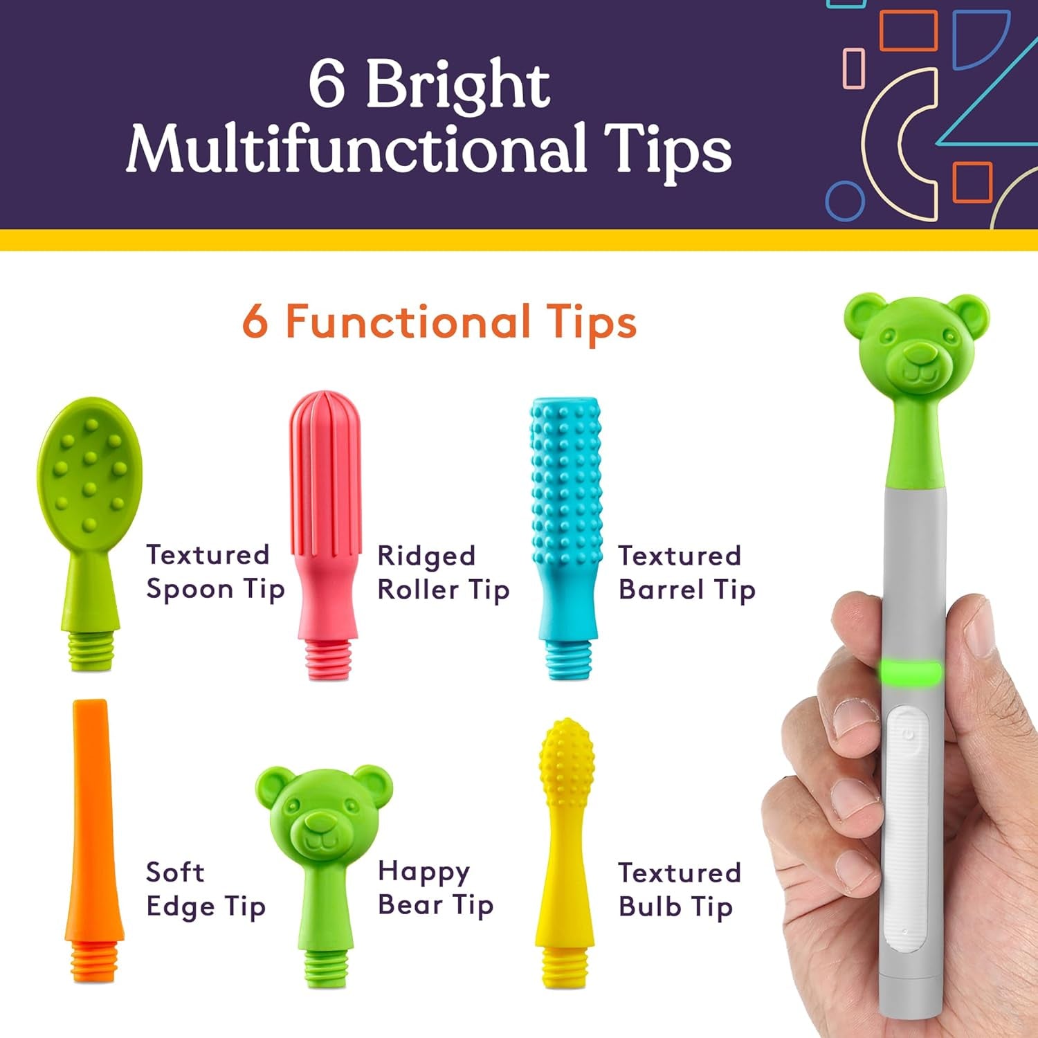 Buzz Buddy Oral Motor Stimulation Kit with 6 Soft Textured Interchangeable Heads, Calm Sensory Needs, Support Speech, and Stimulate Self Feeding, Gentle Vibrations (Grey)
