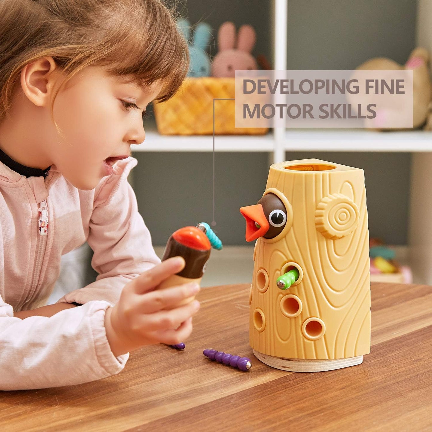 Montessori Toys, Woodpecker Worm Magnetic Bird Feeding Game