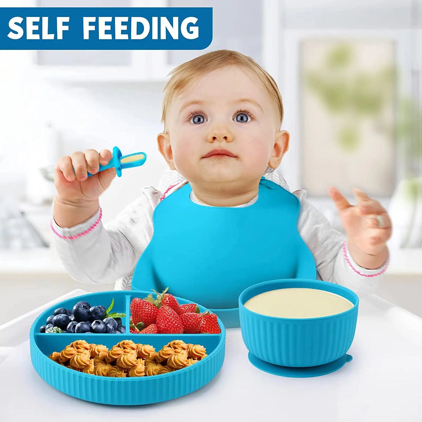 Soft Silicone Baby Feeding Set, Baby Led Weaning Set Infant Self Eating Utensil Set 7Pcs Gray Blue
