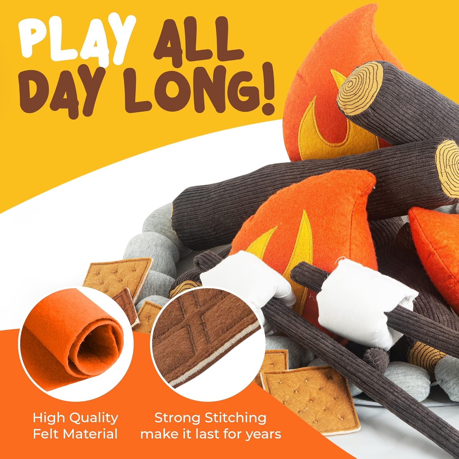 Pretend Campfire Set for Kids with S'Mores Kit & Wood Log Pillow