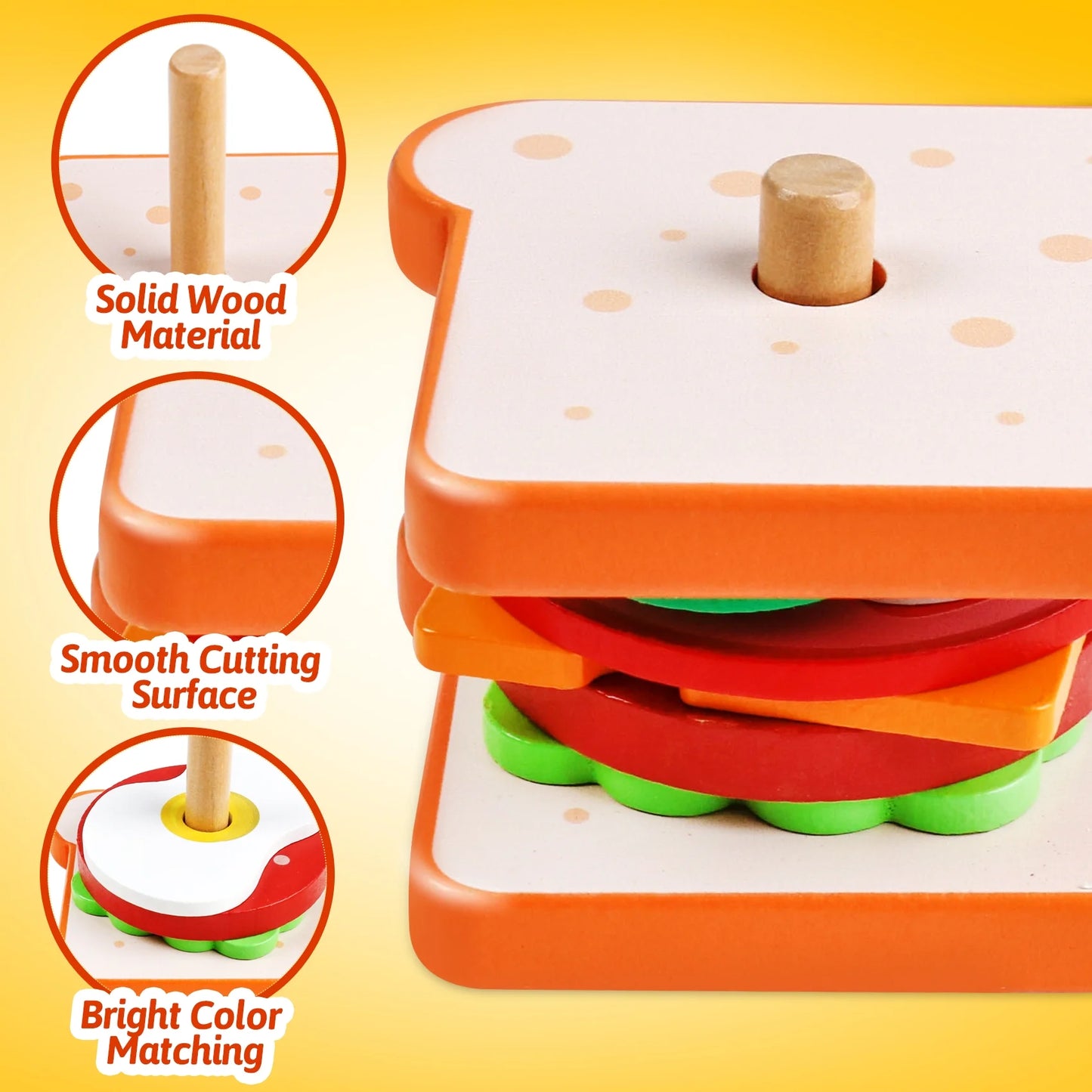 Montessori Wooden Stacking Toys Fine Motor Skills Wooden Play Food Sandwich Toys with Order Cards Preschool Educational Toys to Develop Fine Motor Skills for 3 4 5 Year Old (Sandwich)