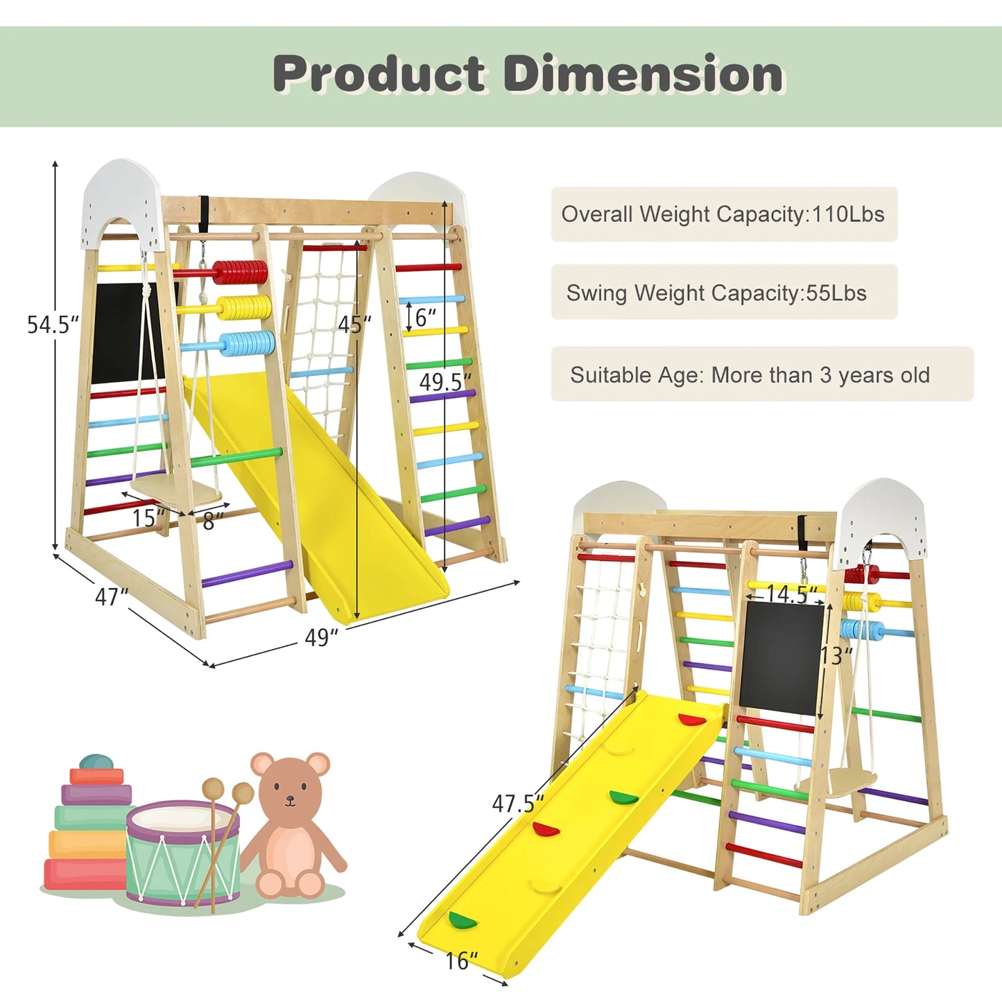 Indoor Playground Climbing Gym Kids Wooden 8 in 1 Climber Playset for Children Multicolor