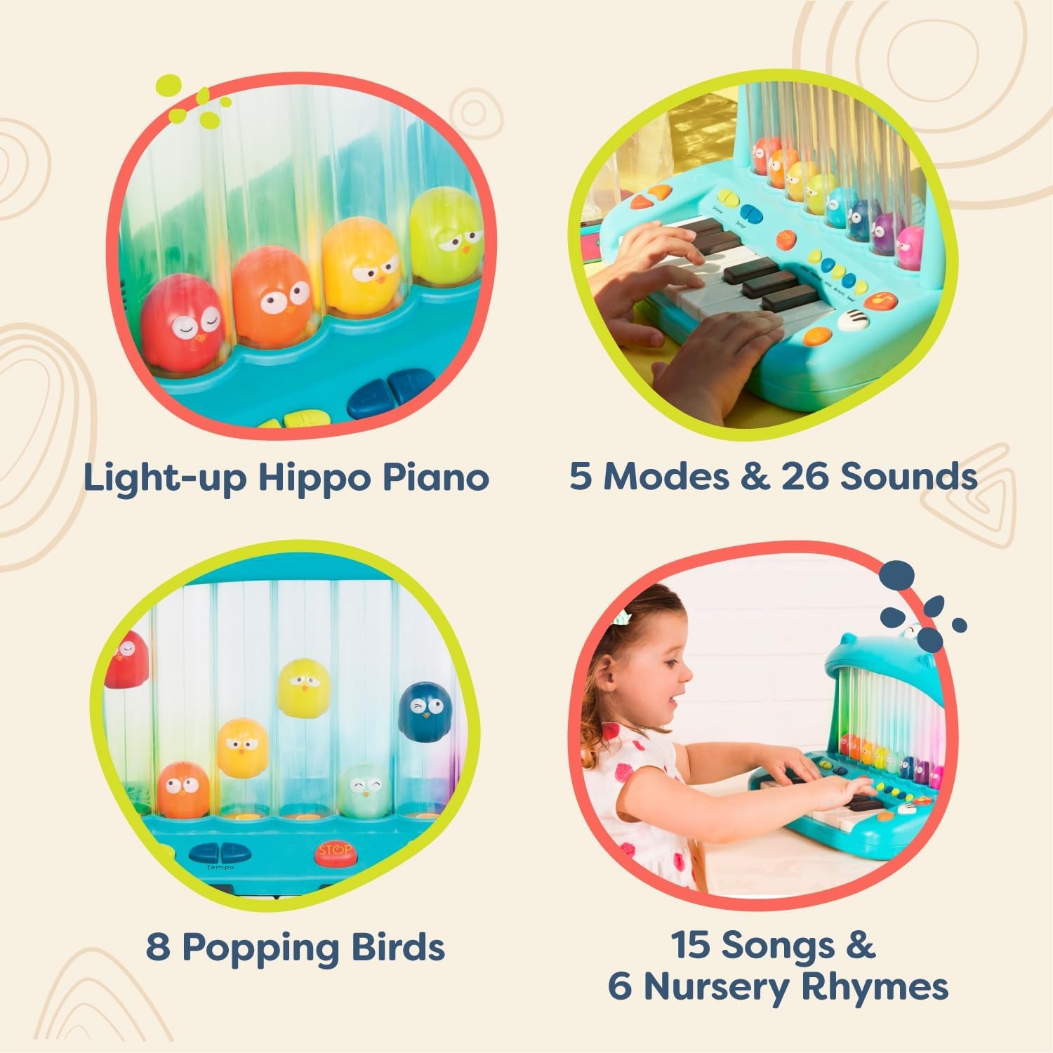 Hippo Pop Musical Toy Keyboard, Play Piano with Songs, Sounds & Lights