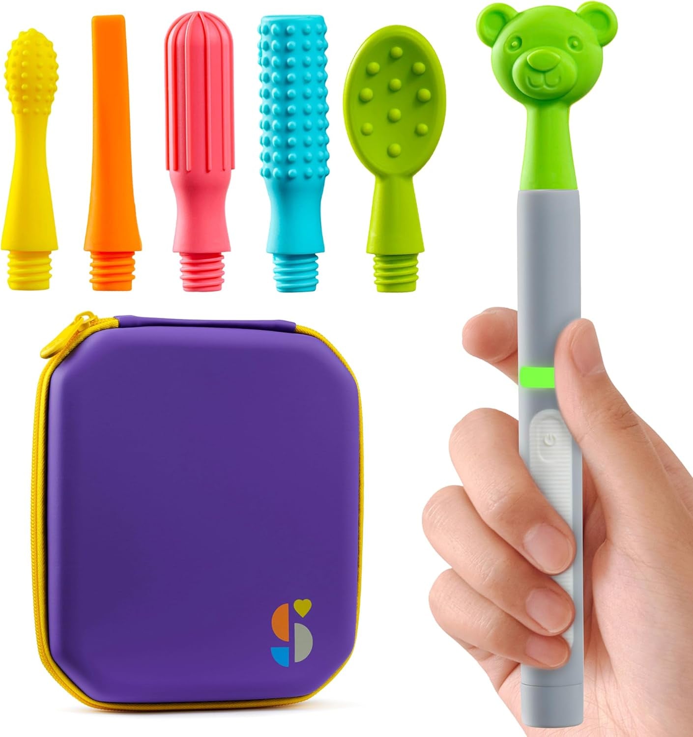 Buzz Buddy Oral Motor Stimulation Kit with 6 Soft Textured Interchangeable Heads, Calm Sensory Needs, Support Speech, and Stimulate Self Feeding, Gentle Vibrations (Grey)