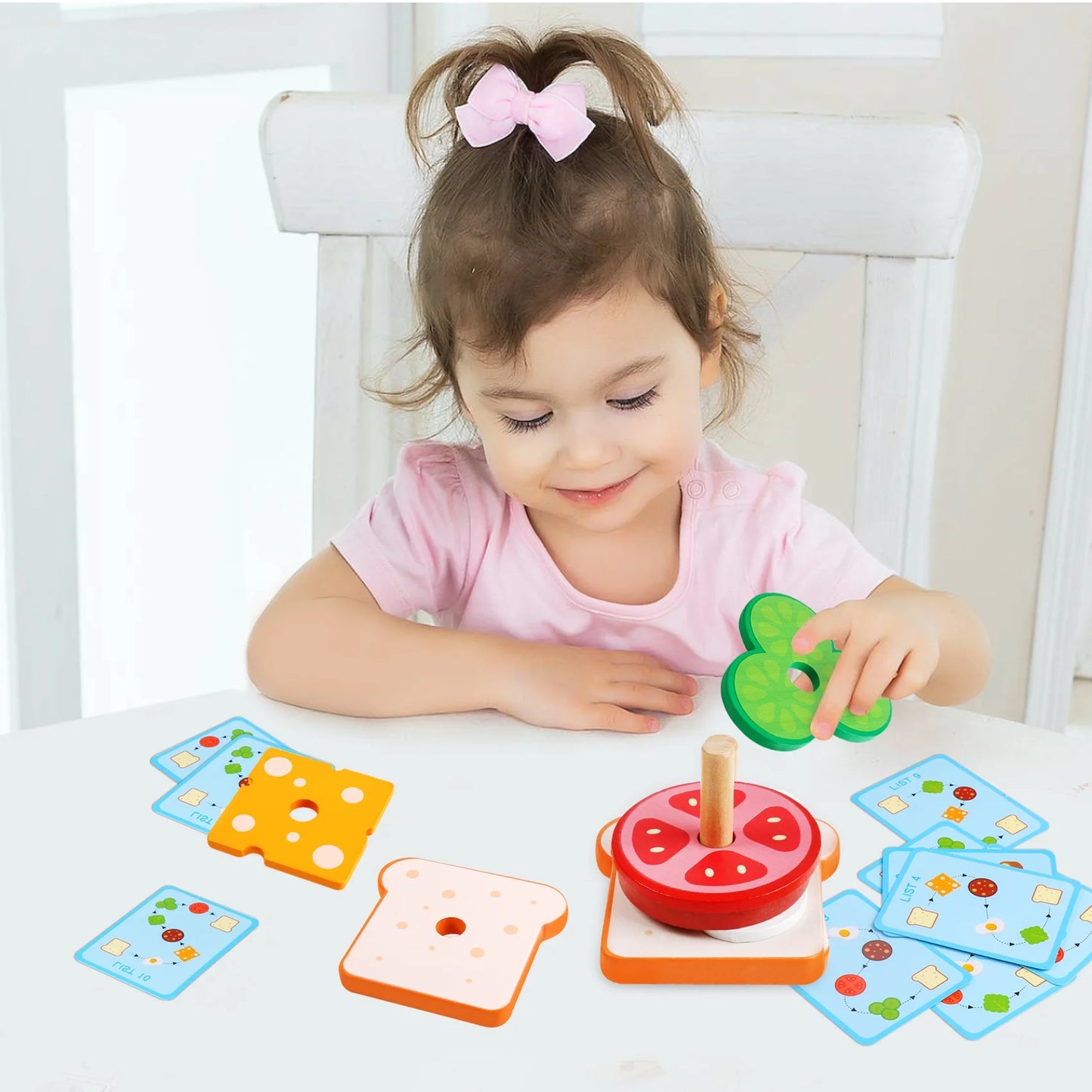 Montessori Wooden Stacking Toys Fine Motor Skills Wooden Play Food Sandwich Toys with Order Cards Preschool Educational Toys to Develop Fine Motor Skills for 3 4 5 Year Old (Sandwich)