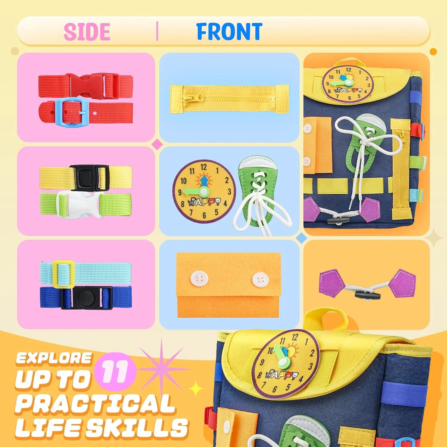 Toddler Backpack  Busy Board with Buckles and Zippers