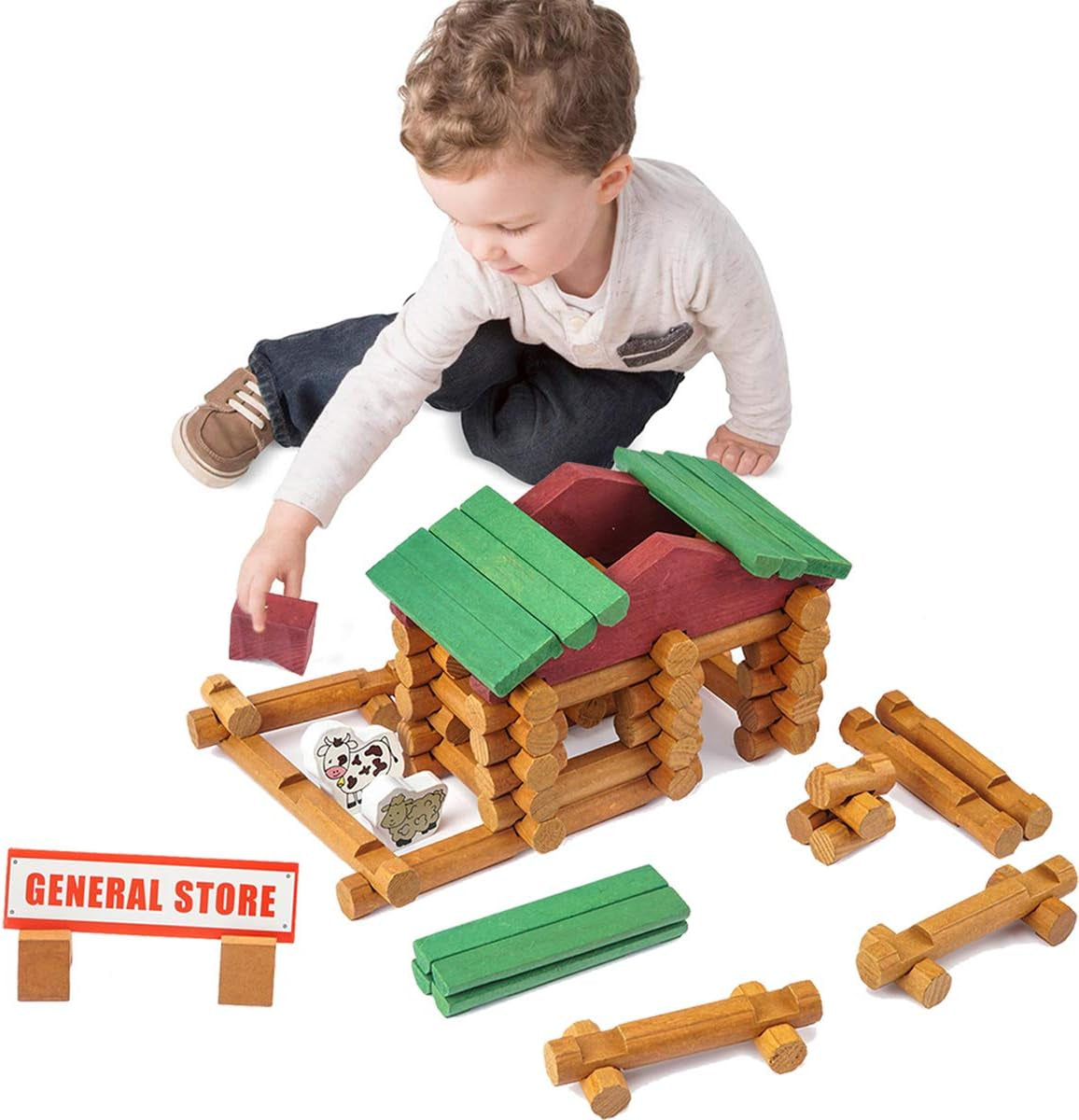 170 PCS Classic Building Log Toys, Wood Logs Set Set for Boy, Creative Construction Educational Gift for Kids Ages 3+