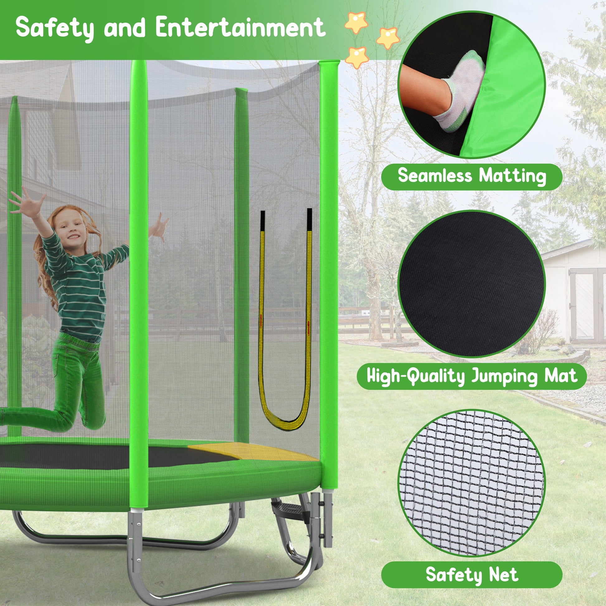 7FT Kids Trampoline with Safety Enclosure Net, Indoor Outdoor Trampoline with Slide,Ladder,Spring Pad,All-Weather Trampolines