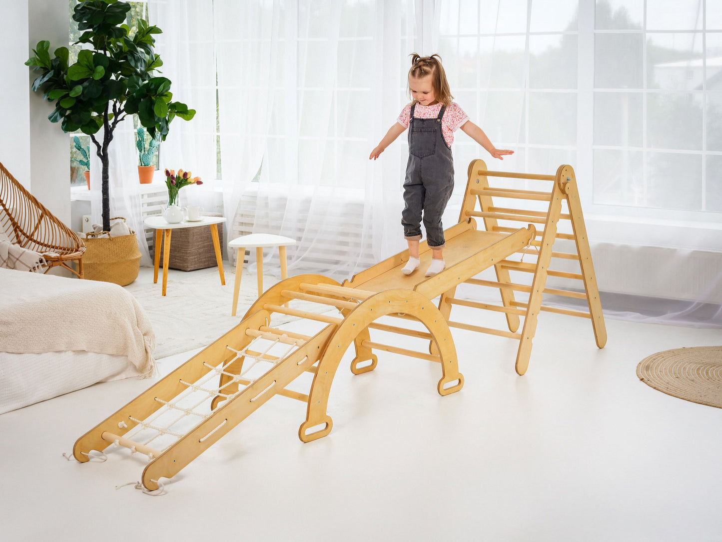 Trapeze Wood Swing Set, Wood Beige, 40.90” X 21.06” X 6.29”