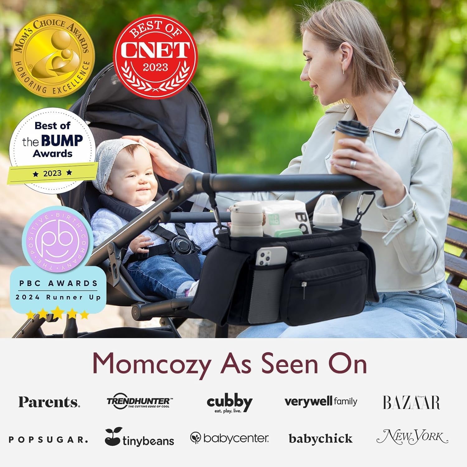 Universal Stroller Organizer with Insulated Cup Holder Detachable Phone Bag & Shoulder Strap