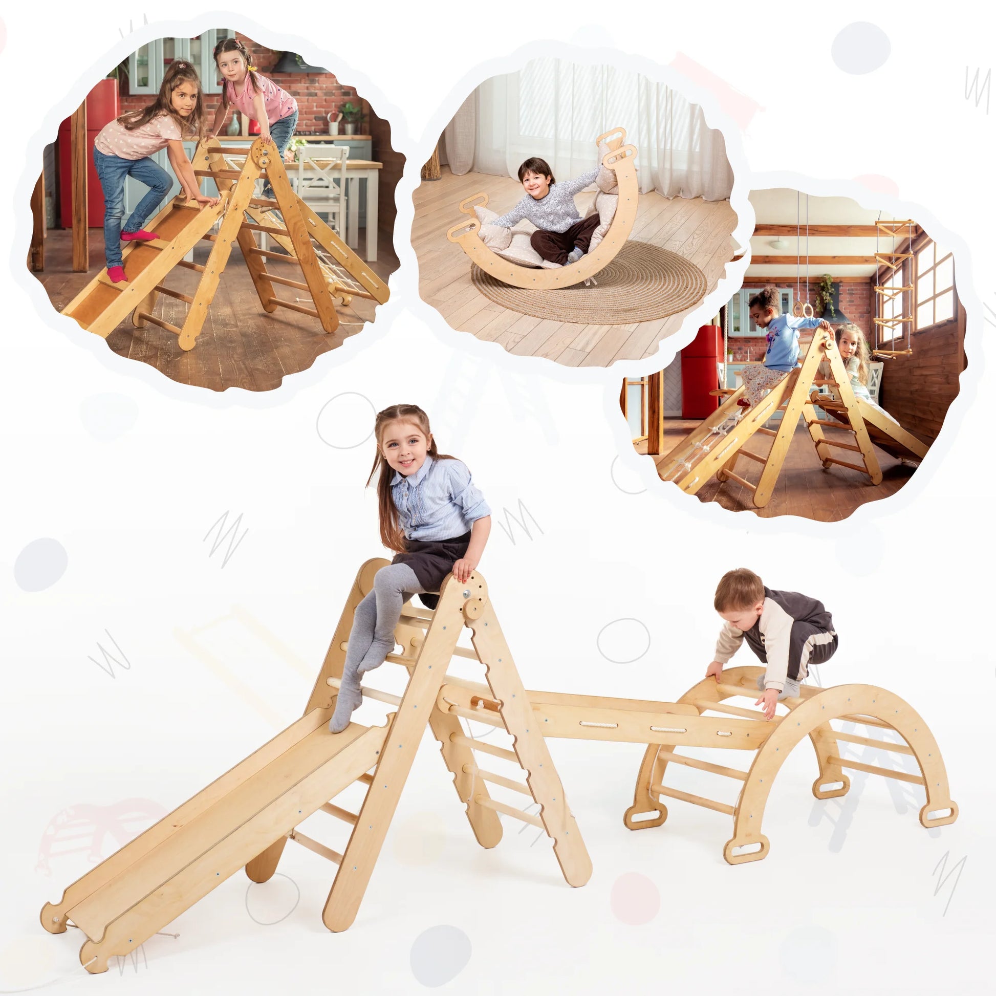 Trapeze Wood Swing Set, Wood Beige, 40.90” X 21.06” X 6.29”
