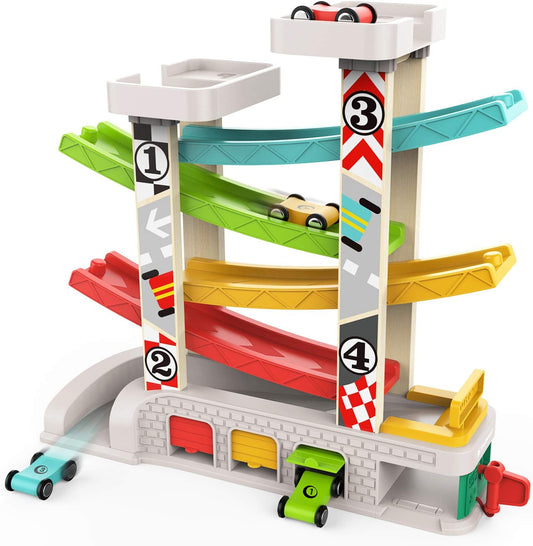 Toddler Race Track Car Ramp Toy with 4 Wooden Cars and 3 Car Garage