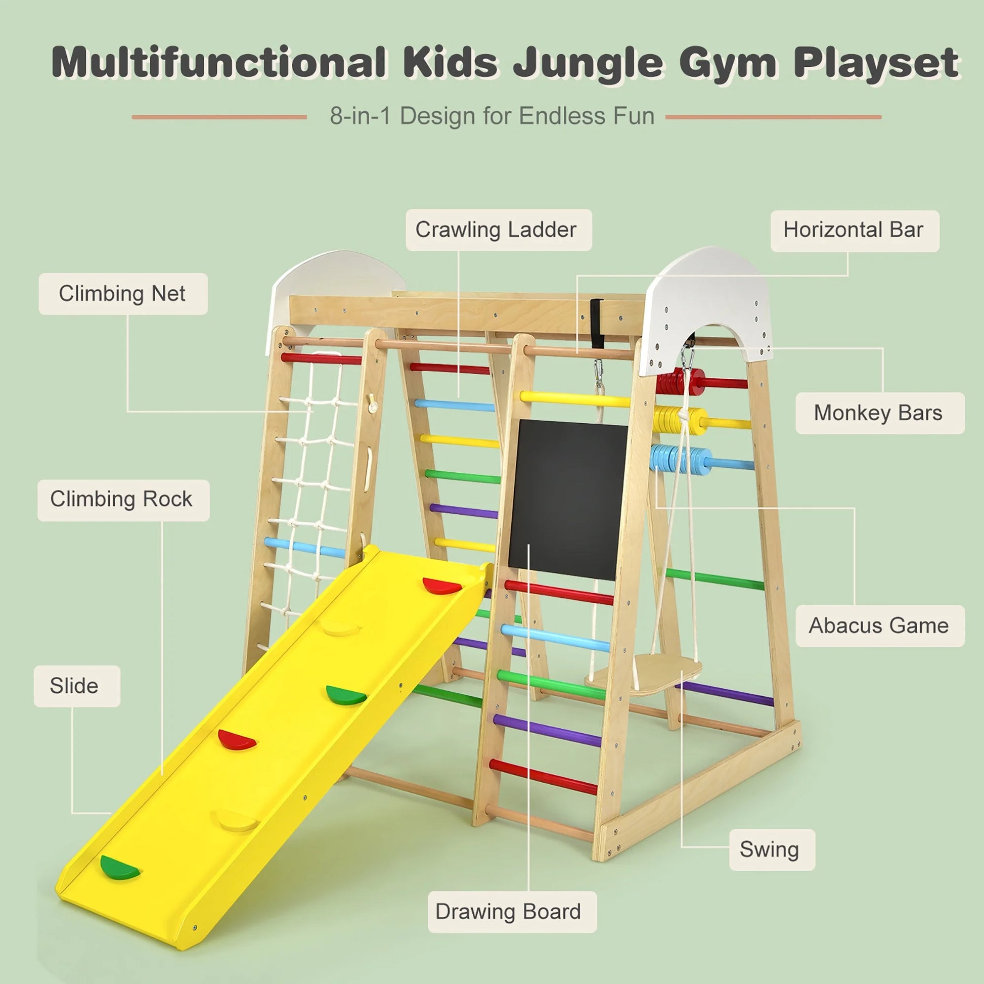 Indoor Playground Climbing Gym Kids Wooden 8 in 1 Climber Playset for Children Multicolor