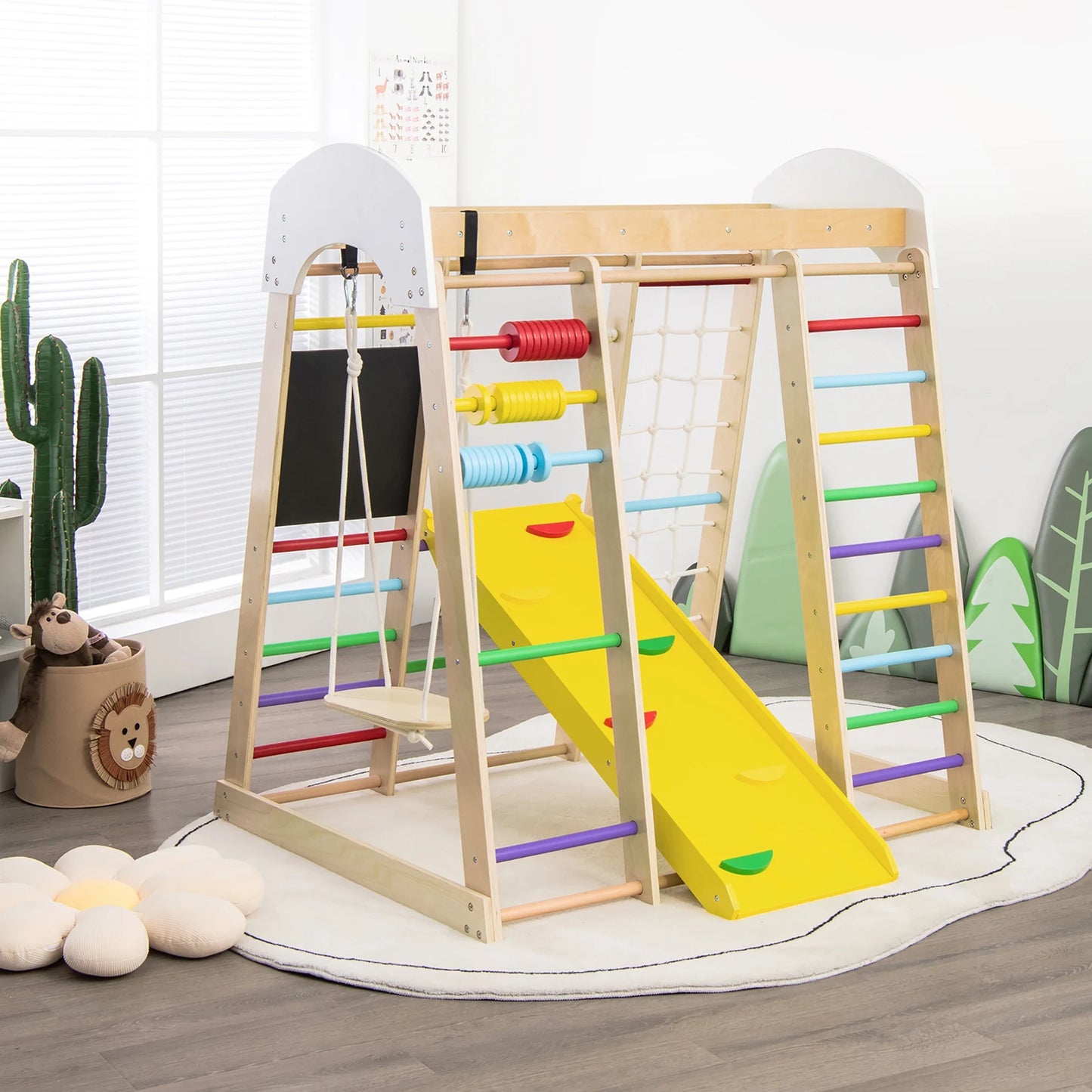 Indoor Playground Climbing Gym Kids Wooden 8 in 1 Climber Playset for Children Multicolor