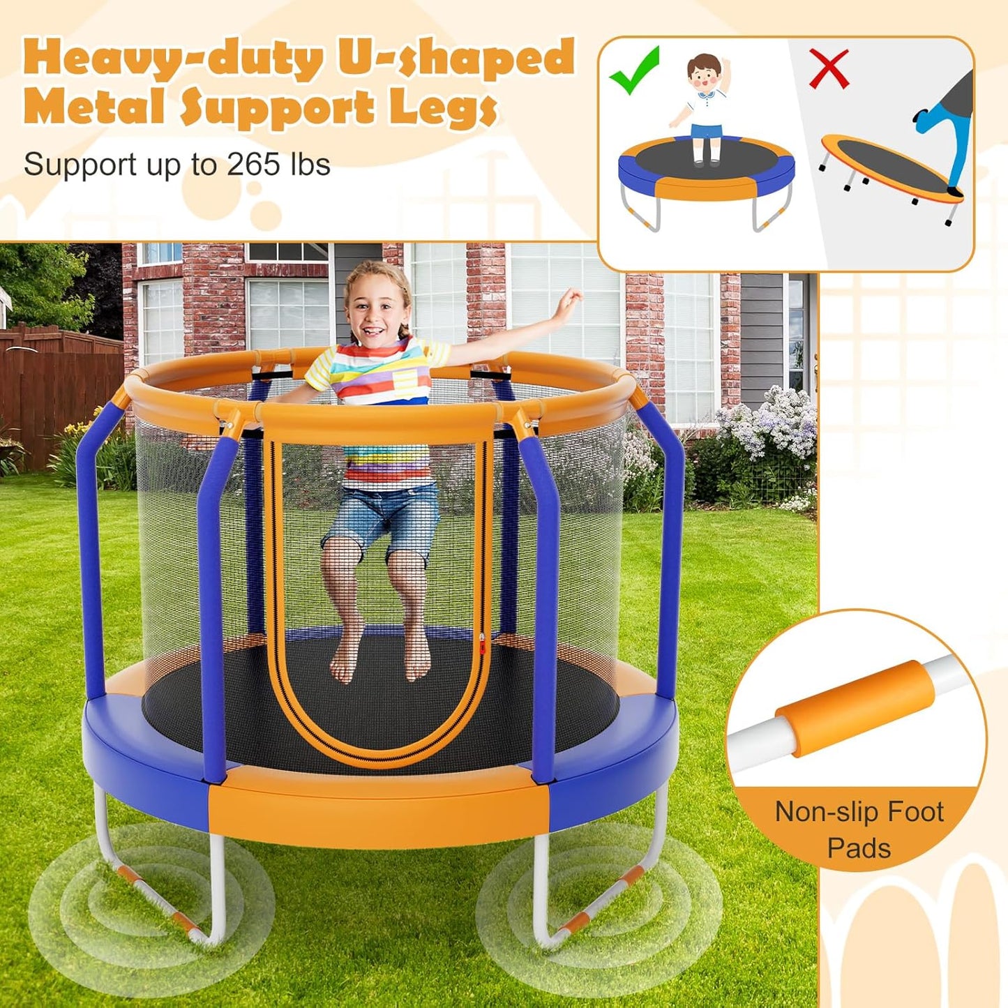 48" Trampoline for Kids, Toddler Trampoline with Safety Enclosure Net, Max Load 265 Lbs, Outdoor Mini Trampoline with Net for Kids, Indoor Small Trampoline Gifts for Boys Girls Aged 3-6