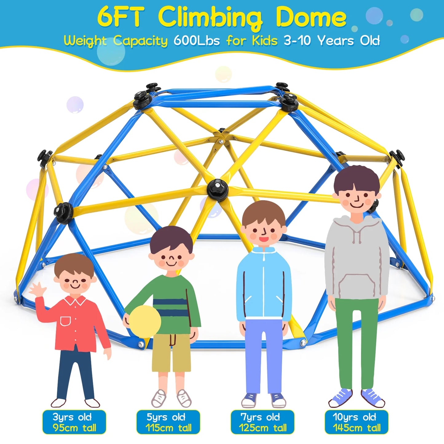 6FT Dome Climber, Jungle Gym for Kids 3-5 Year Outdoor Play Center, Supporting 600 Lbs Rugged and Interesting Climbing Dome, Yellow and Blue