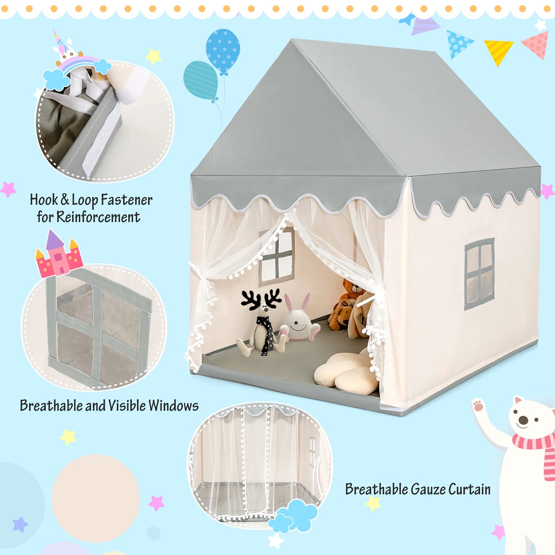 Kids Play Tent Large Playhouse Children Castle Fairy Tent Gift W/ Washable Mat