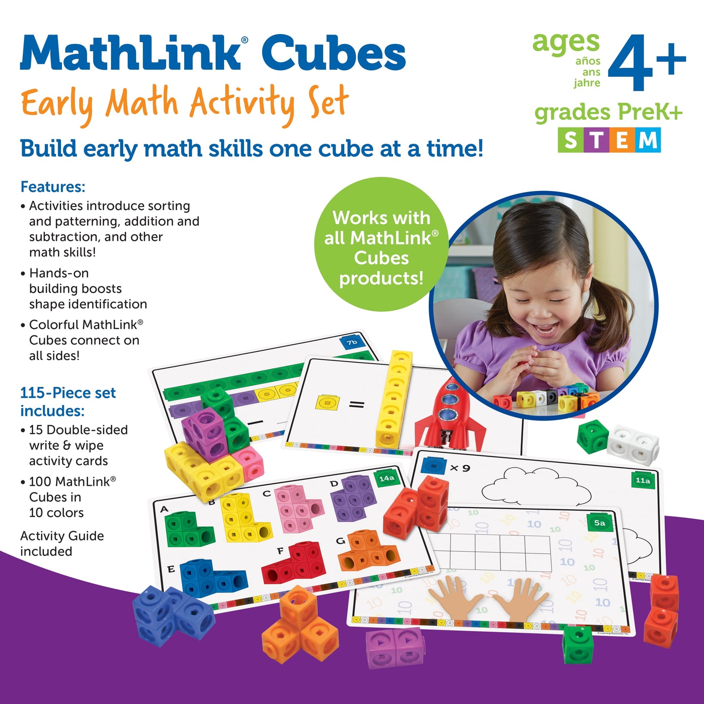 Early Math Mathlink Cube Activity Set - 115 Pieces, Ages 4,5,6+ Math Blocks, Early Math Skills, Classroom Learning Supplies