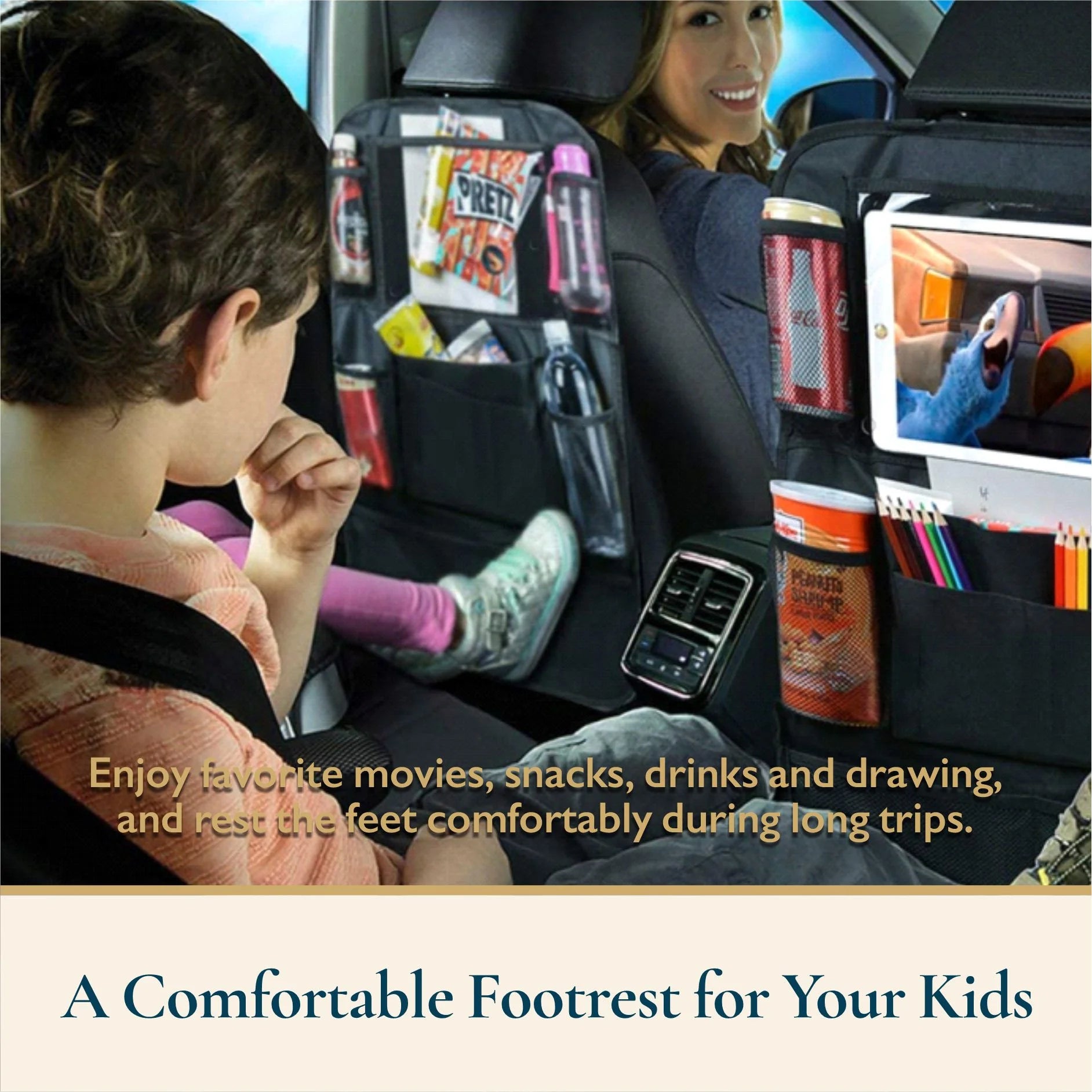 Car Seat Organizer,Waterproof Car Backseat Organizer W/ 10” Tablet Holder Cup Holder for Kids,10 Pockets Backseat Organizer Protector Kick Mats,Car Accessories for Men / Women