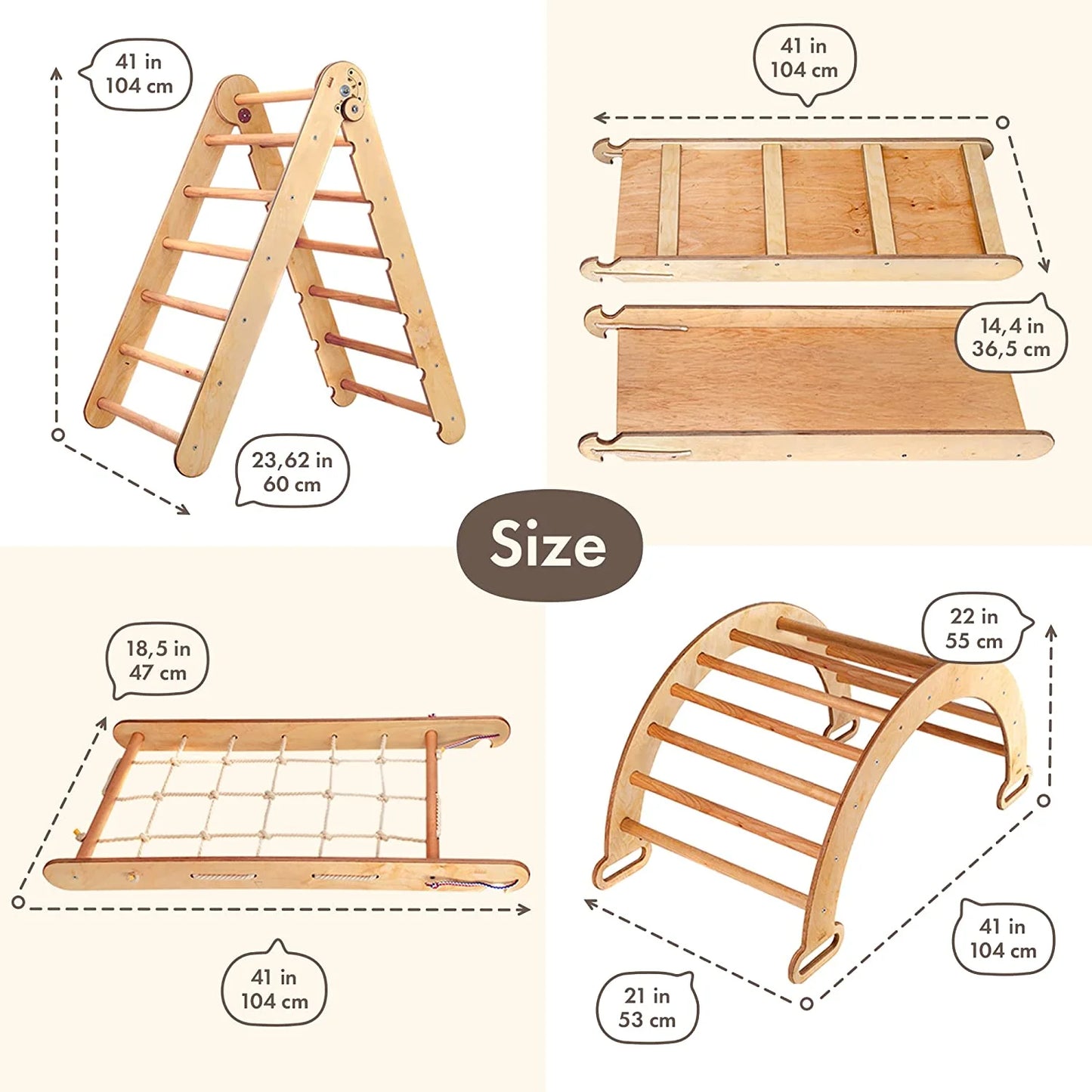 Trapeze Wood Swing Set, Wood Beige, 40.90” X 21.06” X 6.29”