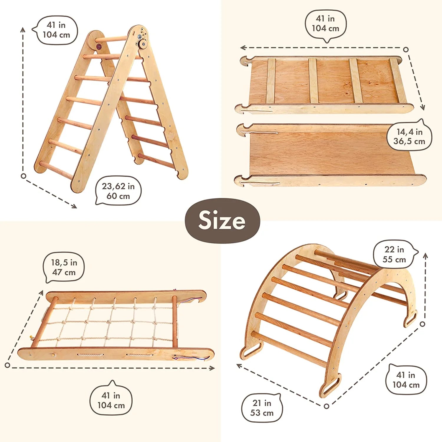 Trapeze Wood Swing Set, Wood Beige, 40.90” X 21.06” X 6.29”