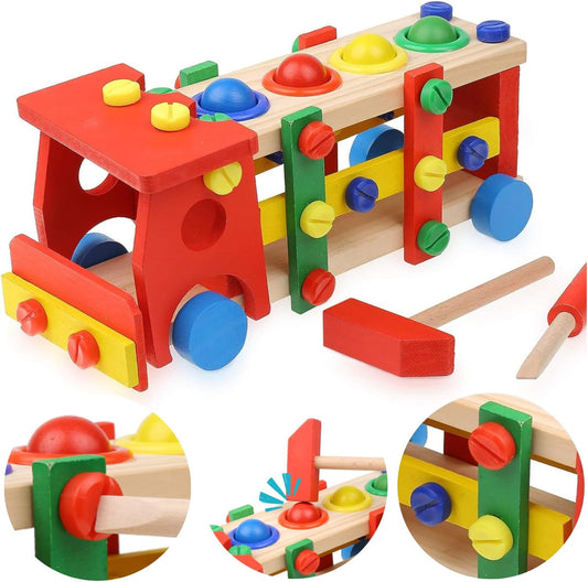 Wooden Montessori Toys - Shape Sorter & Stacking Toys for Color Recognition, Early Development & Fine Motor Skills, Activity Bus (Red)